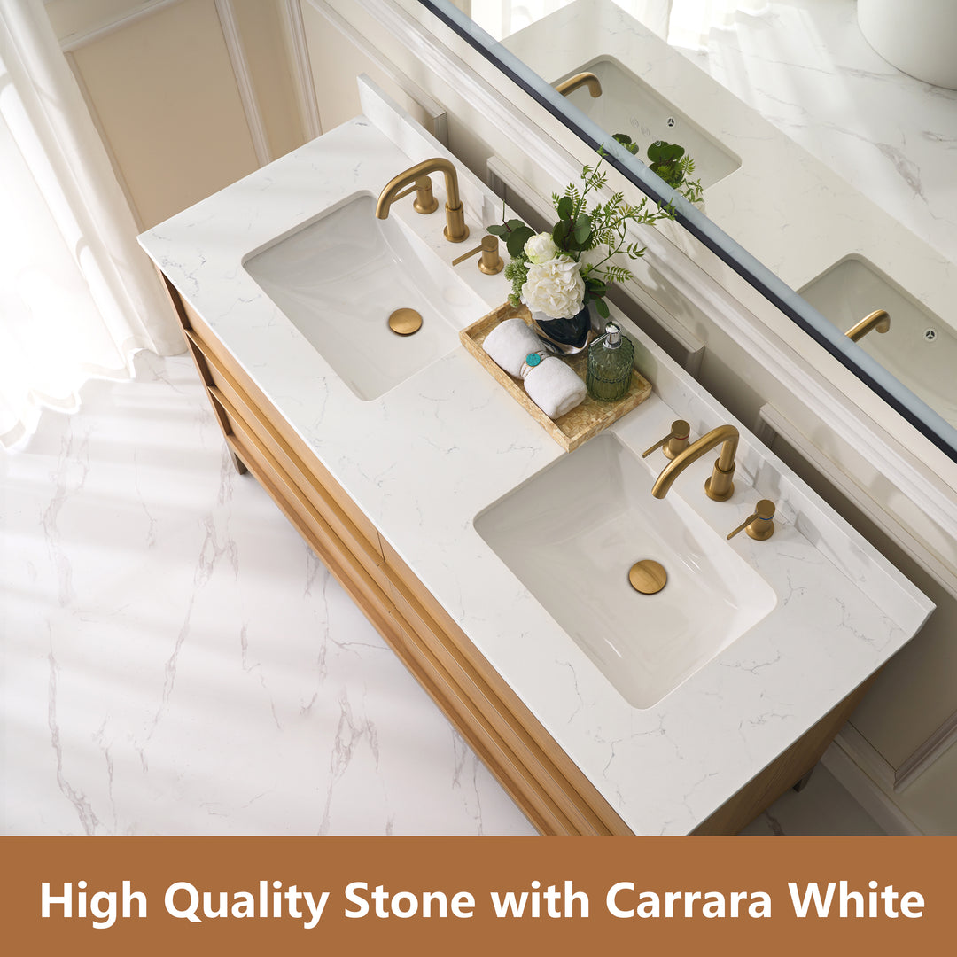 60 in. Bathroom Vanity in Light Oak with Carrara White Quartz Vanity Top