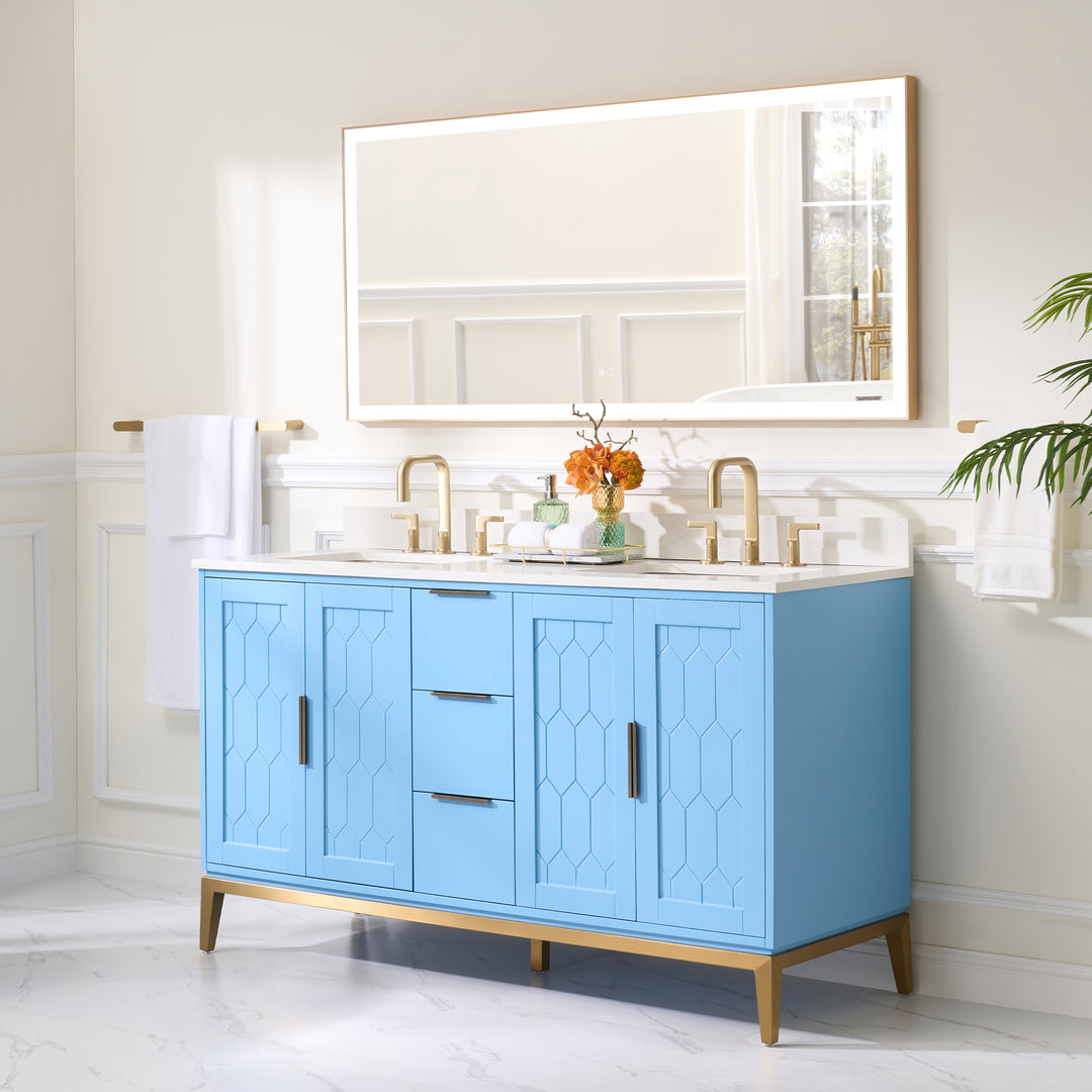 60" Bathroom Vanity in Light Blue with Carrara White Quartz Vanity Top with White Sink