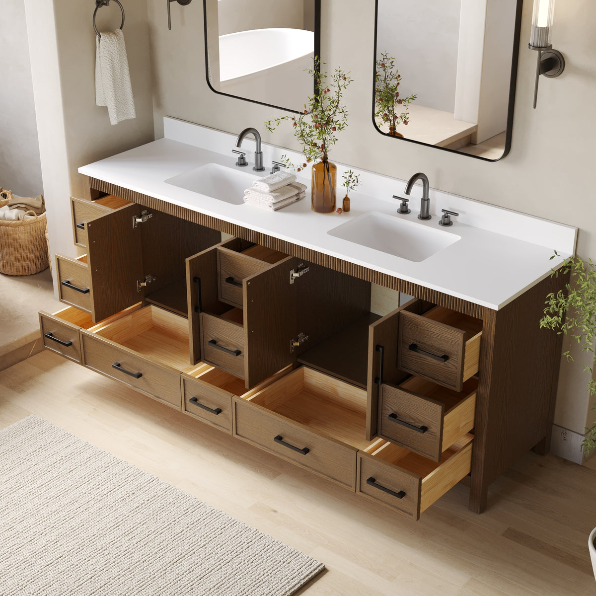 84 Inch Freestanding Solid Wood Bathroom Vanity with Pure White Quartz Countertop, 4 Soft-Close Doors & 11 Dovetail Drawers, Walnut