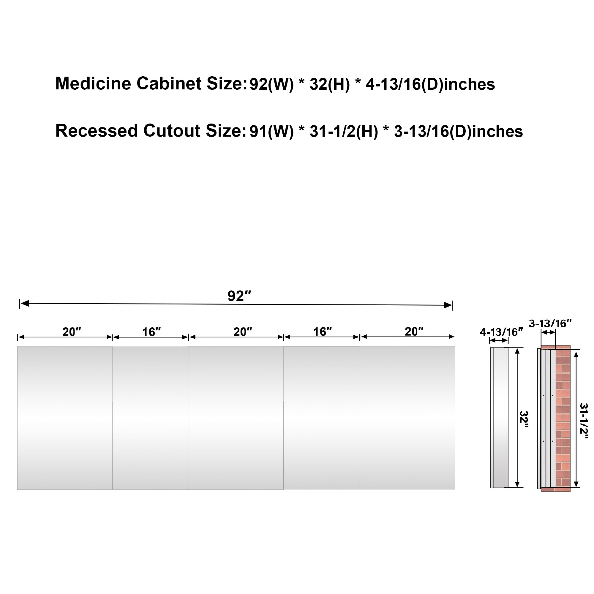 92 in.×32 in.H Copper-Free Mirror Medicine Cabinet with Soft-Close Blum® Hinges and 5 Doors