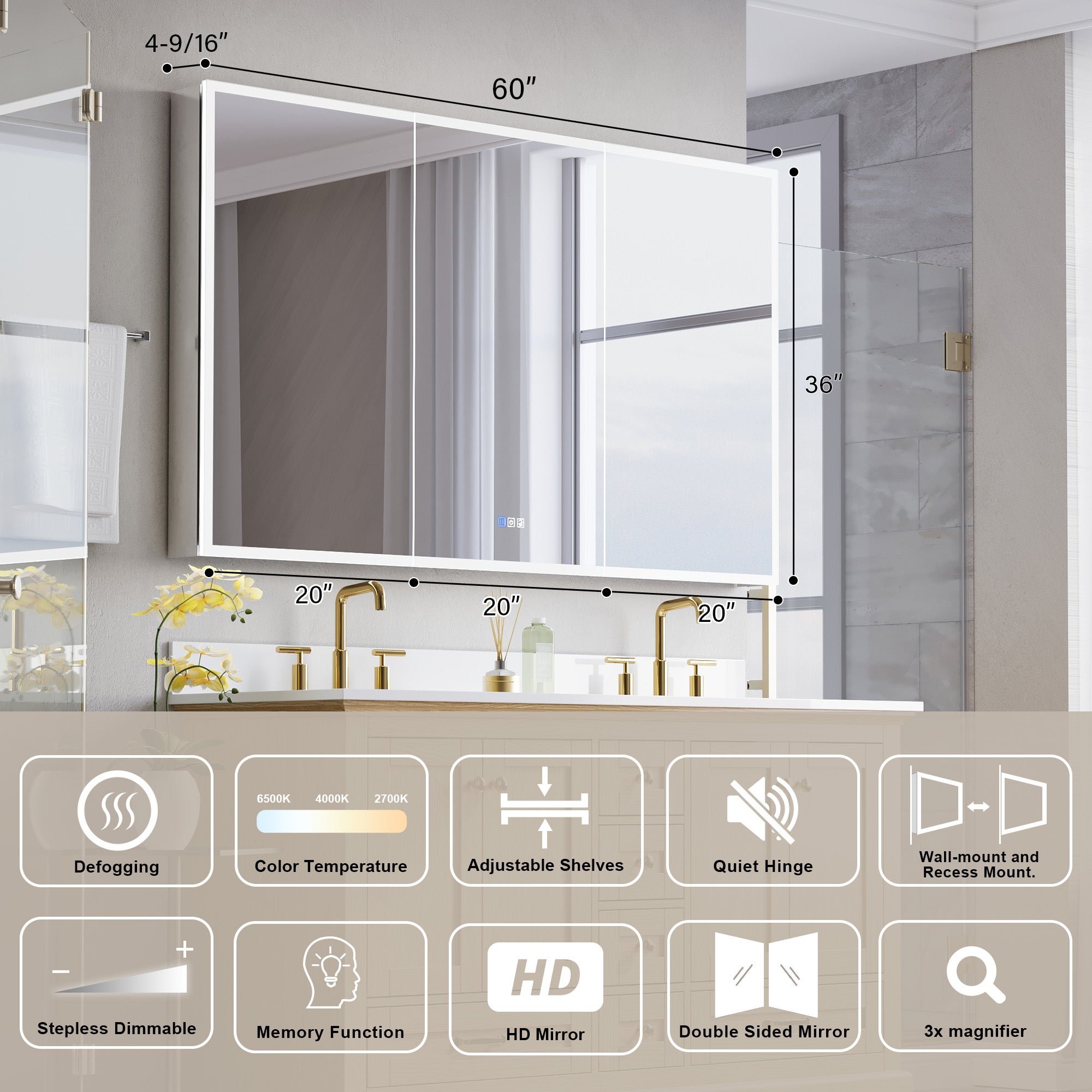60 in. x 36 in. Recessed/Surface Mount LED Medicine Cabinet with 3X Magnifier Glass Mirror, Anti-Fog