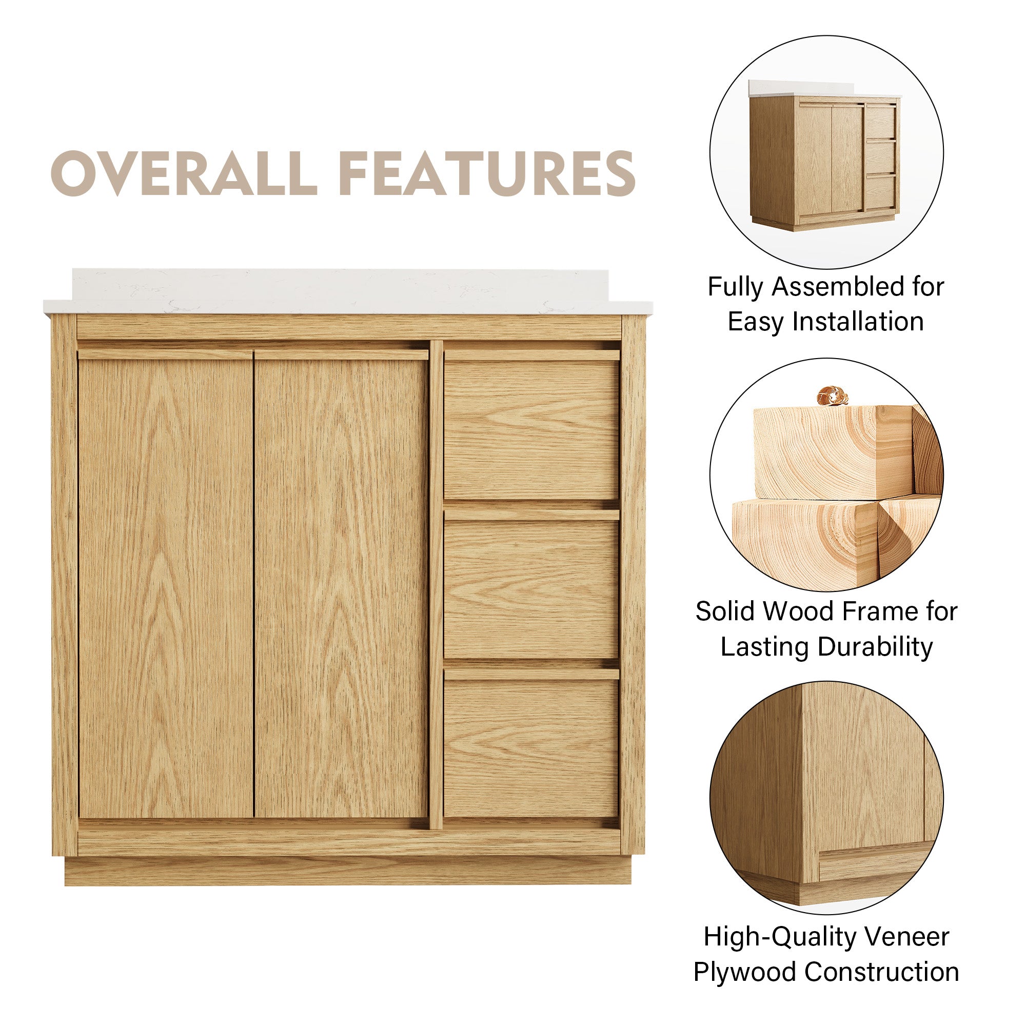 36 Inch Oak Soild Wood Bathroom Vanity with Sink, 3 Dovetail-constructed Drawers and 2 Soft-close Doors