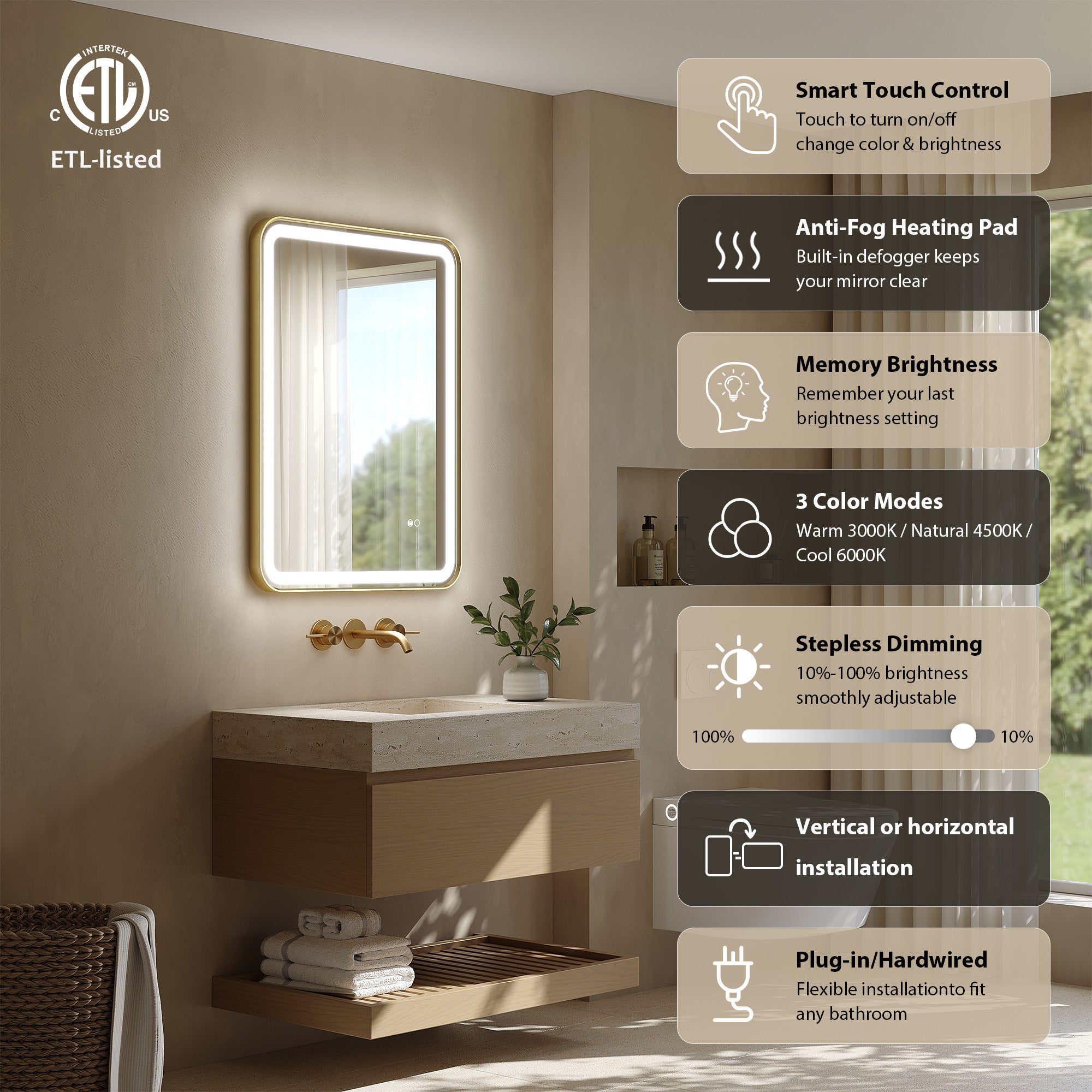 24 in. x 32 in. Framed LED Bathroom Mirror in Brushed Gold with Rounded Corners, Dimmable Lighted, Anti-Fog