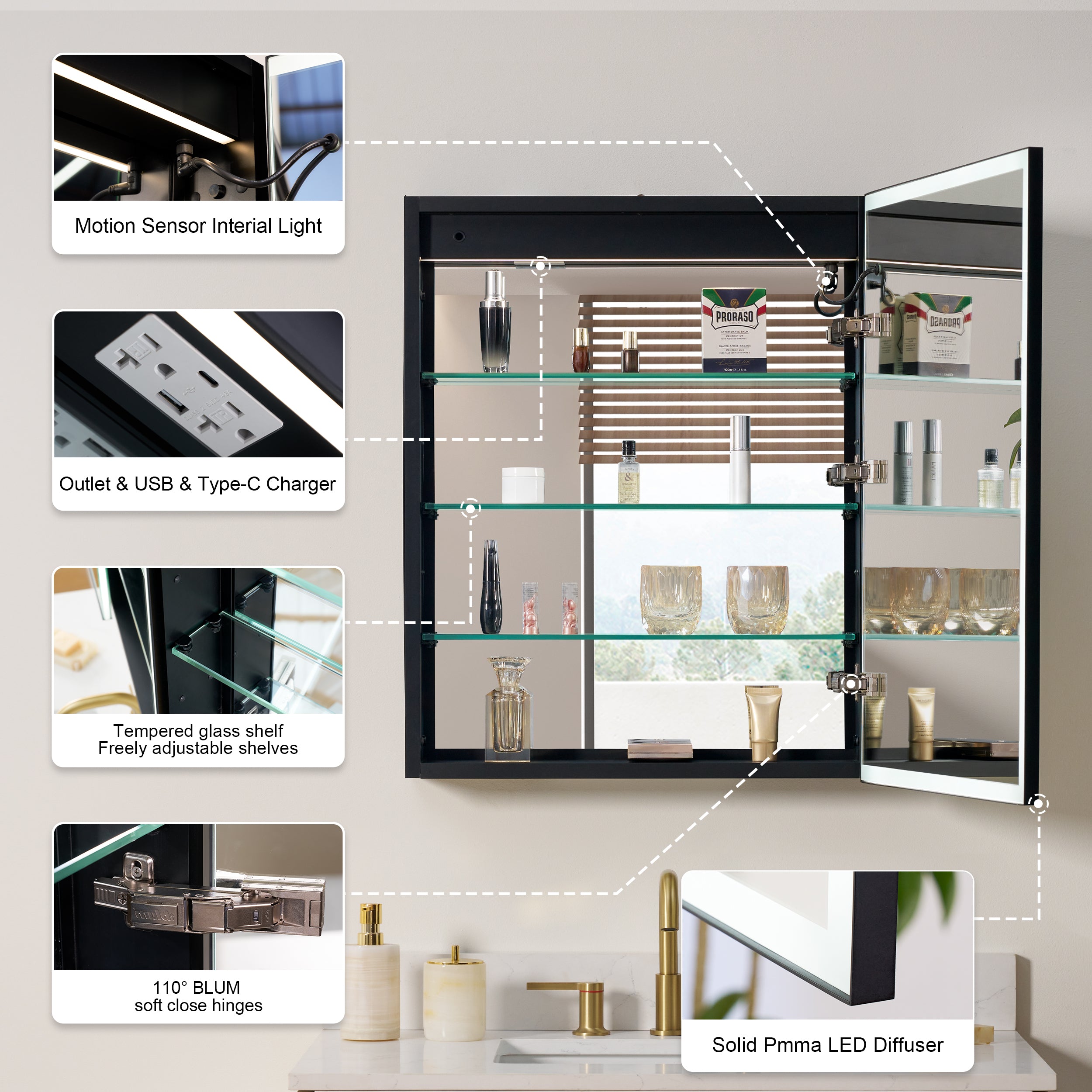 24 in. x 30 in. Black Aluminum Right Medicine Cabinet with Mirror and LED Light