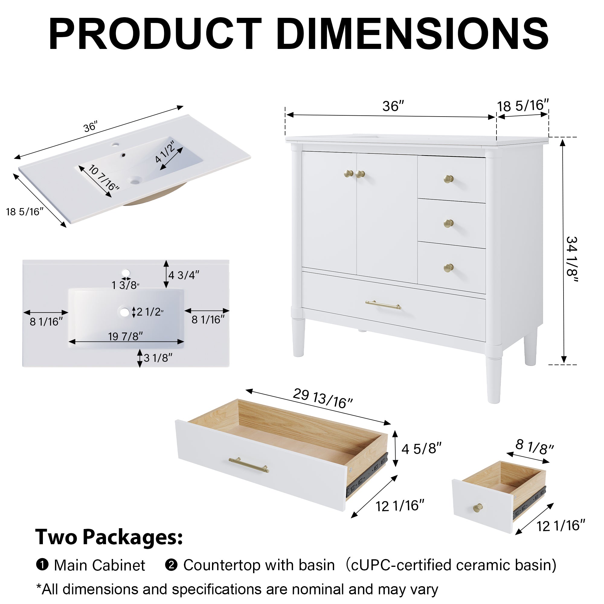 36 inch Solid Wood Freestanding Bathroom Vanity with Single Sink and Soft-Closing Doors, White
