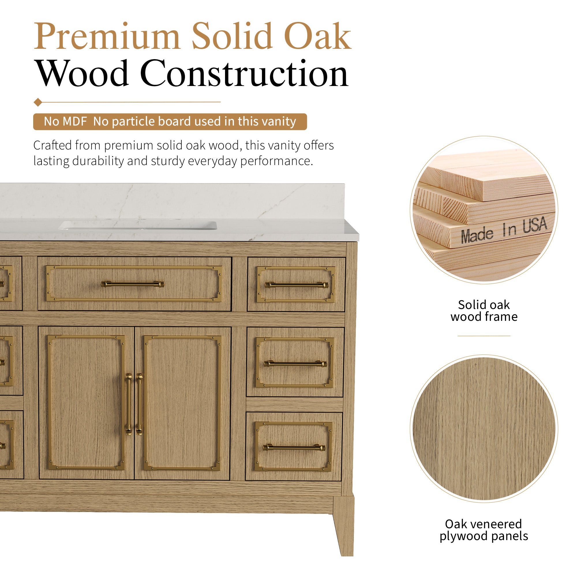 48 Inch Luxury Solid Oak Bathroom Vanity with Calacatta Quartz Countertop & Sink, 6 Soft-Close Drawers and 1 Flip Drawer