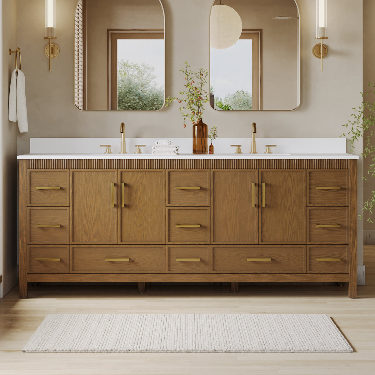 84 Inch Freestanding Solid Wood Bathroom Vanity with Pure White Quartz Countertop, 4 Soft-Close Doors & 11 Dovetail Drawers, Walnut