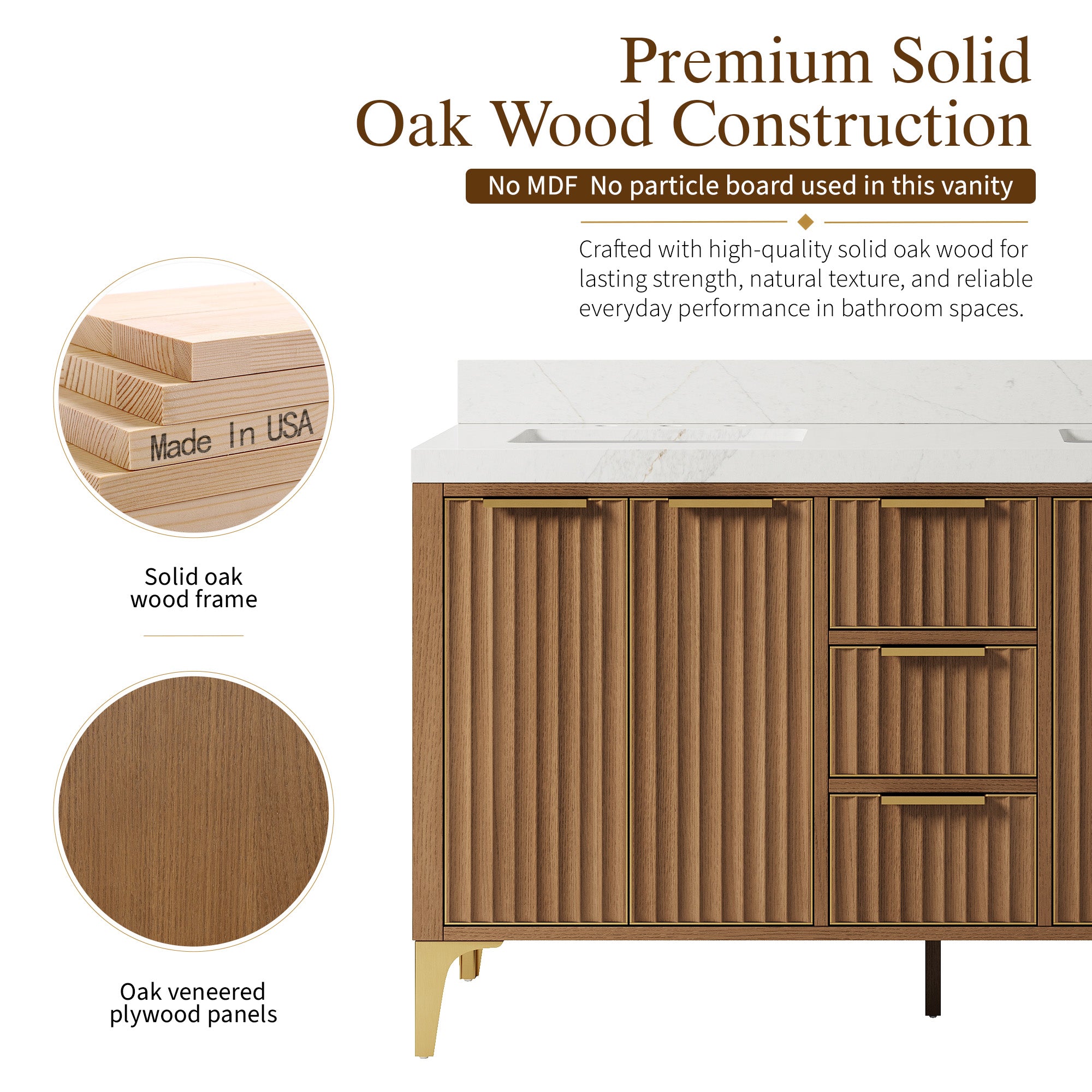 60 Inch Luxury Solid Oak Bathroom Vanity with Calacatta Quartz Countertop & 3 Dovetail Drawers and 4 Soft-close Doors