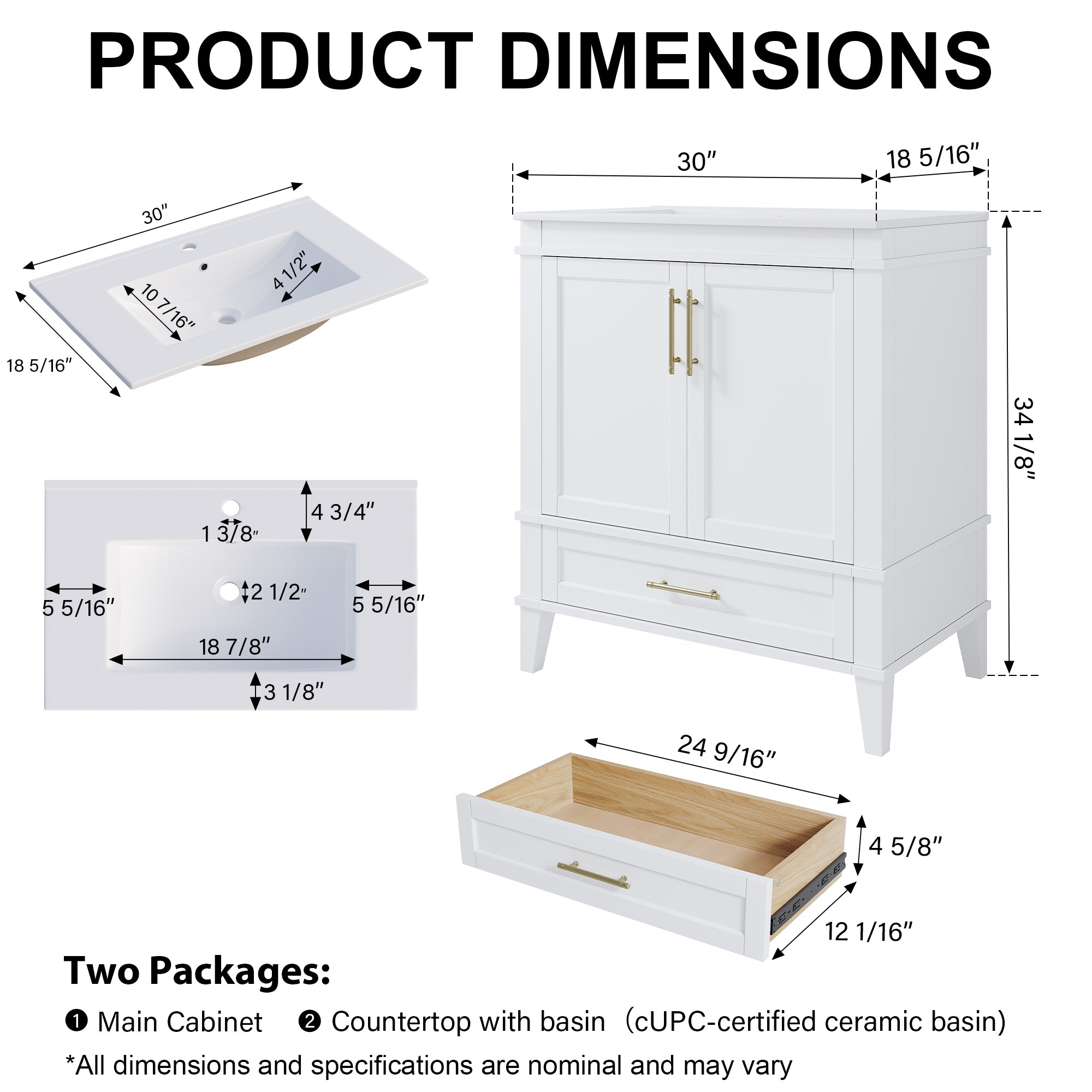 30 Inch Solid Wood Bathroom Vanity with cUPC Ceramic Sink, Brushed Gold Alloy Handles and Soft-Close Hinges
