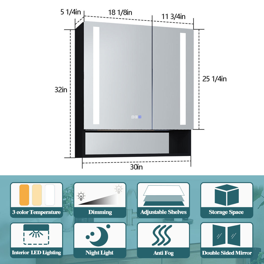 30" W x 32" H Bathroom Mirror Medicine Cabinet with Lights Double Door Recessed or Surface Mount,Defog