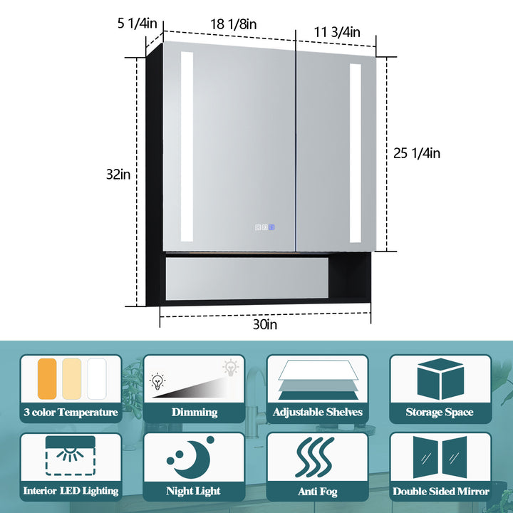 30" W x 32" H Bathroom Mirror Medicine Cabinet with Lights Double Door Recessed or Surface Mount,Defog