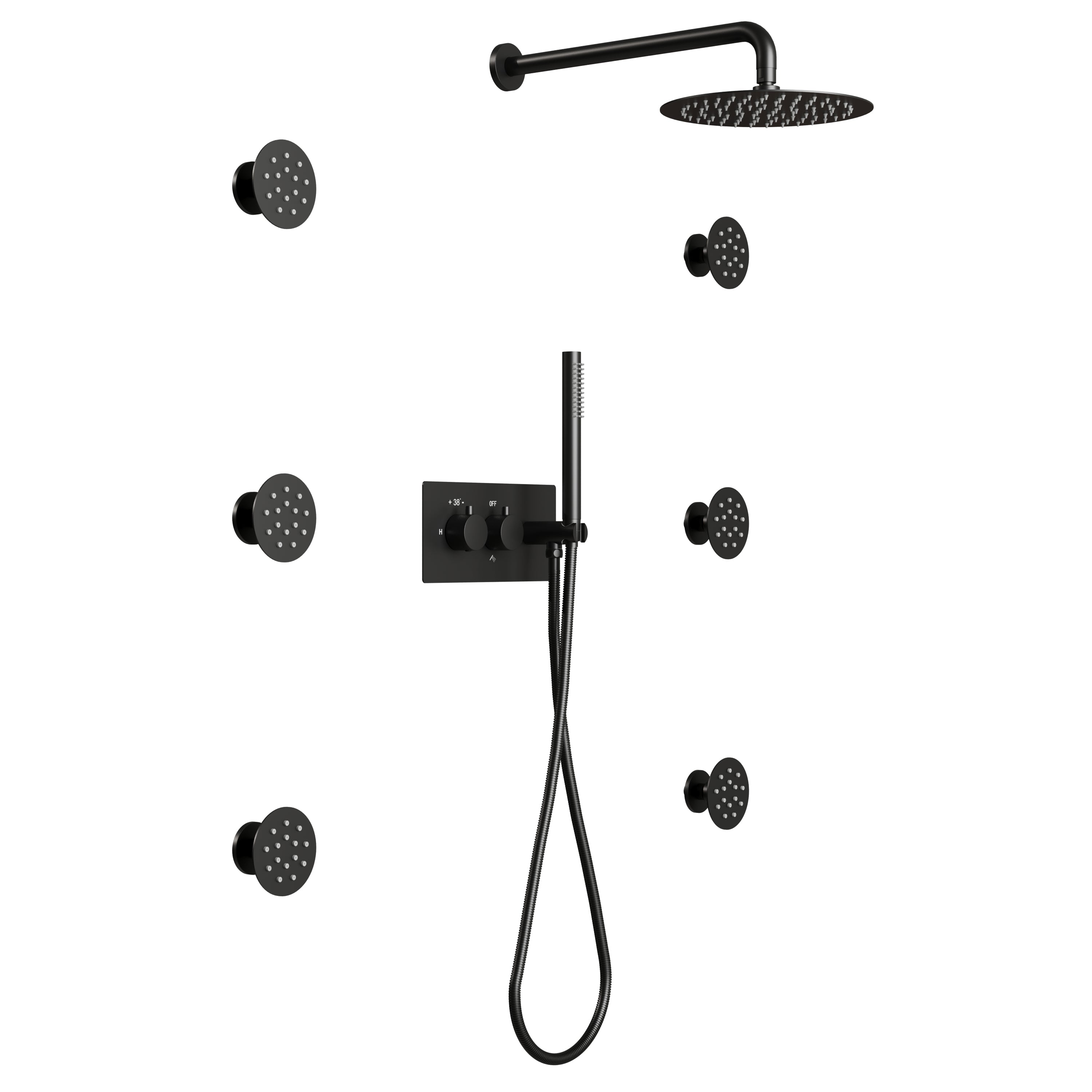 Thermostatic 3-Function Shower System with 10" Ultra-Thin Round Shower Head, Handheld & Body Jets, Solid 304 Stainless Steel