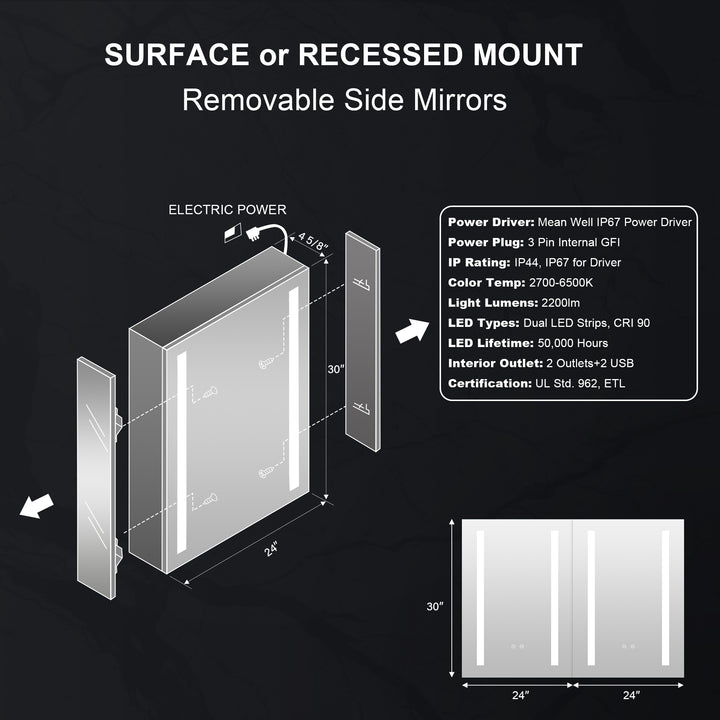24 in. x 30 in. LED Lighted Surface/Recessed Mount Mirror Medicine Cabinet with Outlet Right Side