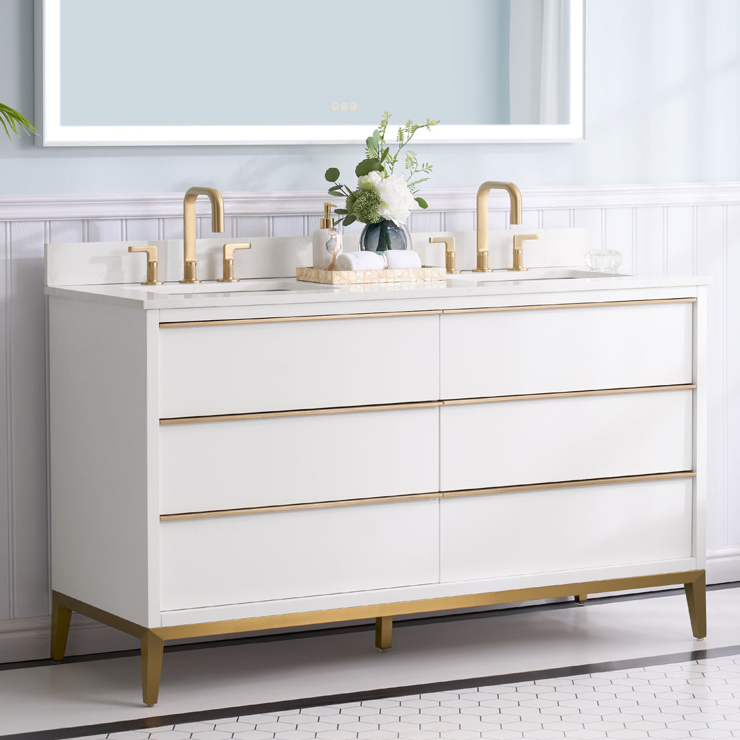 60 in. Bathroom Vanity in White with Carrara White Quartz Vanity Top