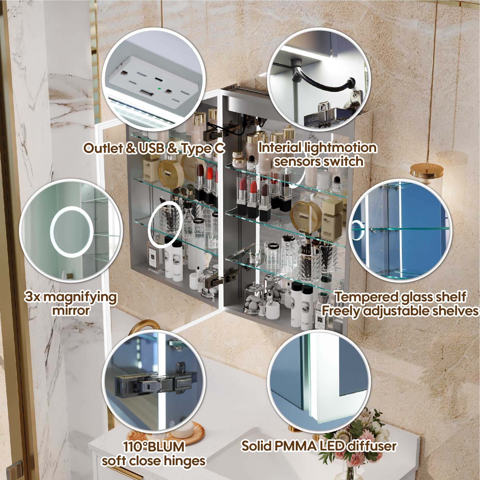20 in. x 30 in. Rectangular Recessed/Surface Mount Left Medicine Cabinet with 3x Magnifier Mirror and LED Light