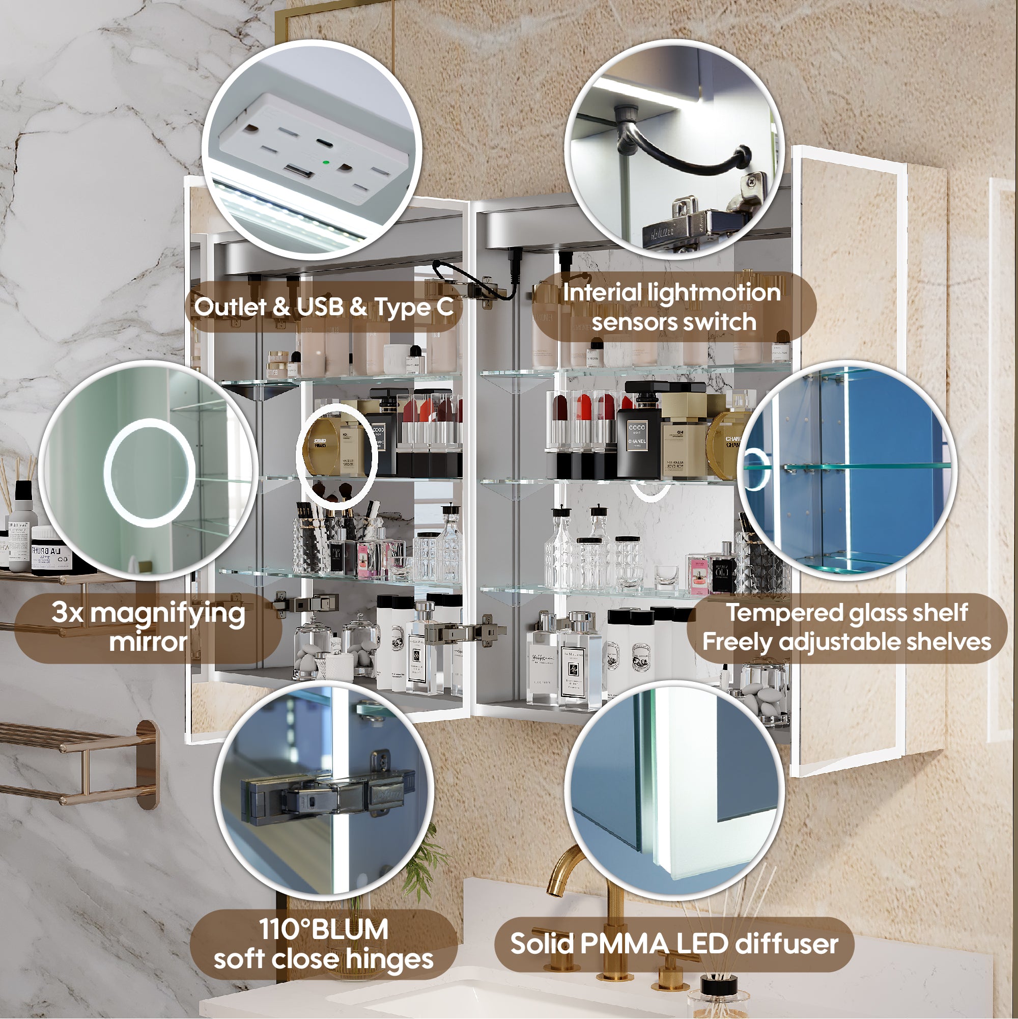 30 in. x 30 in. Rectangular Recessed/Surface Mount Medicine Cabinet with Mirror and LED Light