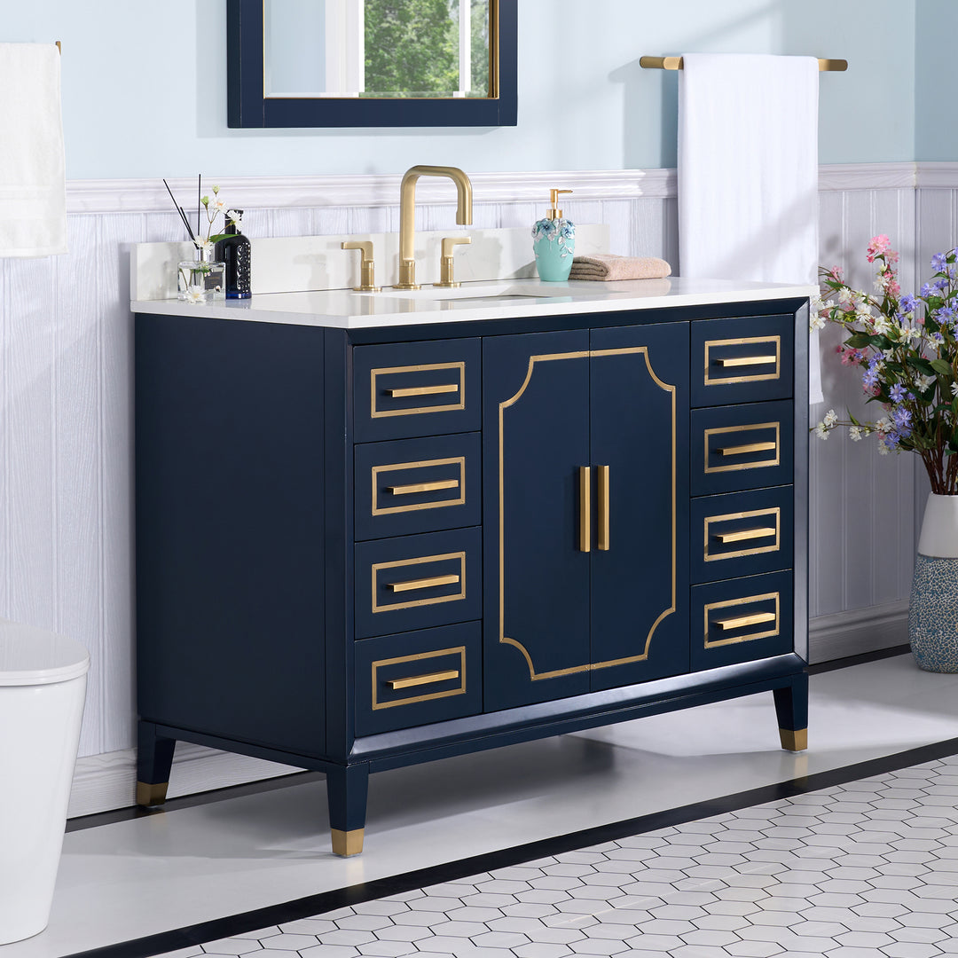 Melody 48 in. W x 22 in. D x 35 in. H Freestanding Bathroom Vanity in Navy Blue with Carrara White Quartz Vanity Top