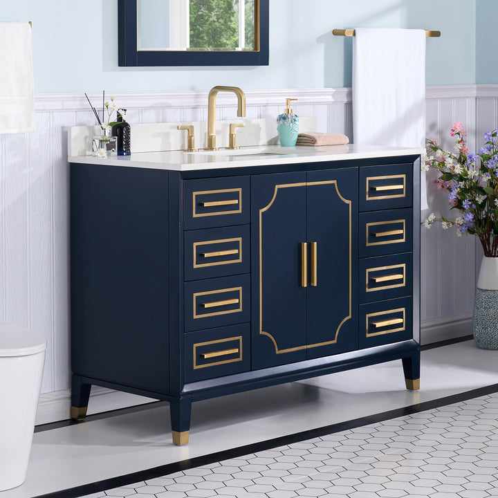 Melody 48 in. W x 22 in. D x 35 in. H Freestanding Bathroom Vanity in Navy Blue with Carrara White Quartz Vanity Top