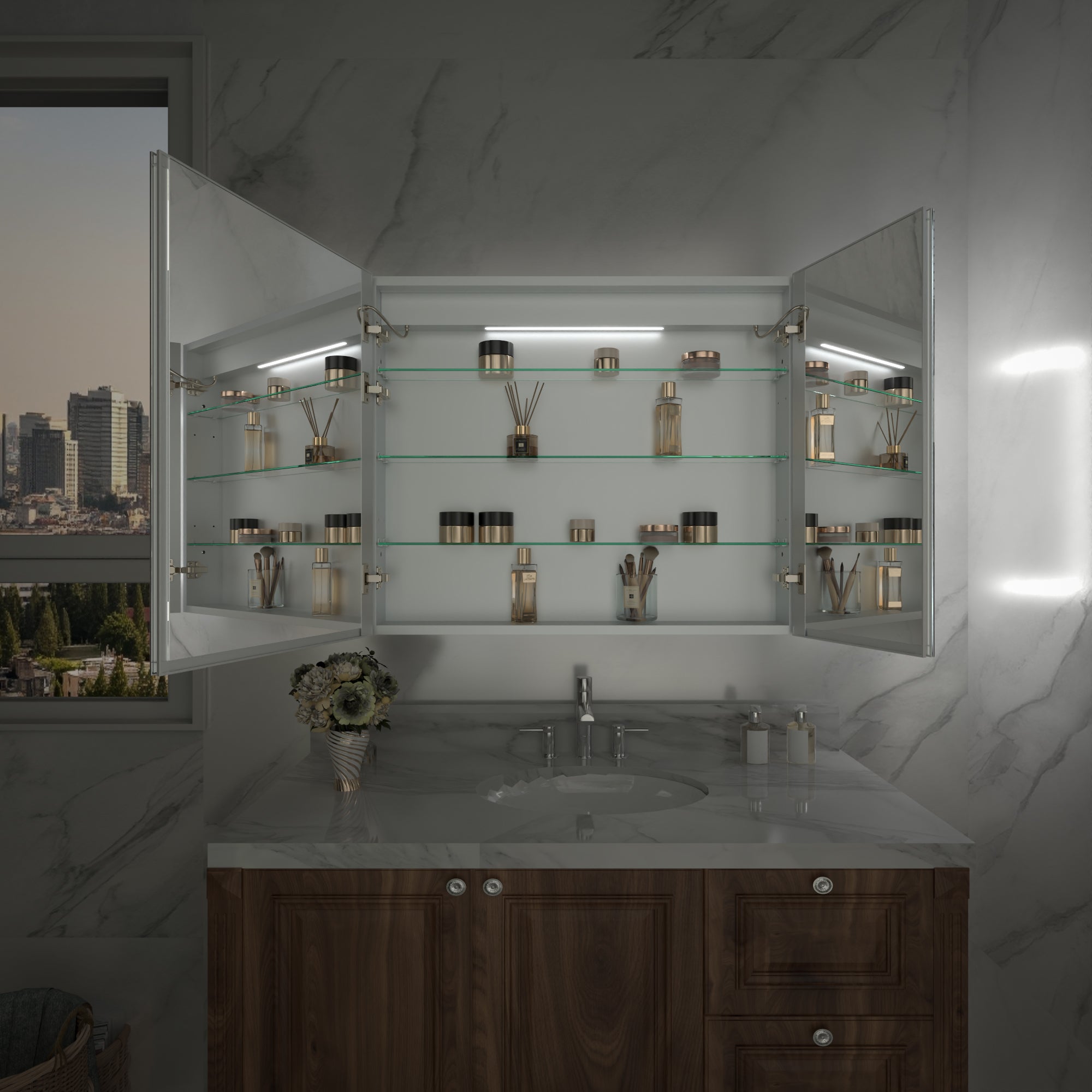 36 in. x 30 in. Recessed/Surface Mount Medicine Cabinet with Mirror and LED Light, All-Plastic Cabinet Body