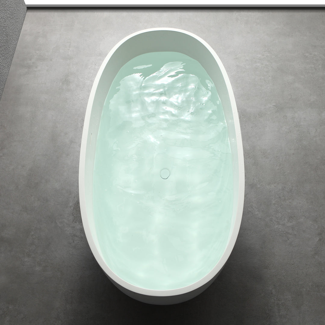 Stone Resin Solid Surface Flatbottom Free-Standing Bathtub with Centre Drain in Matte White