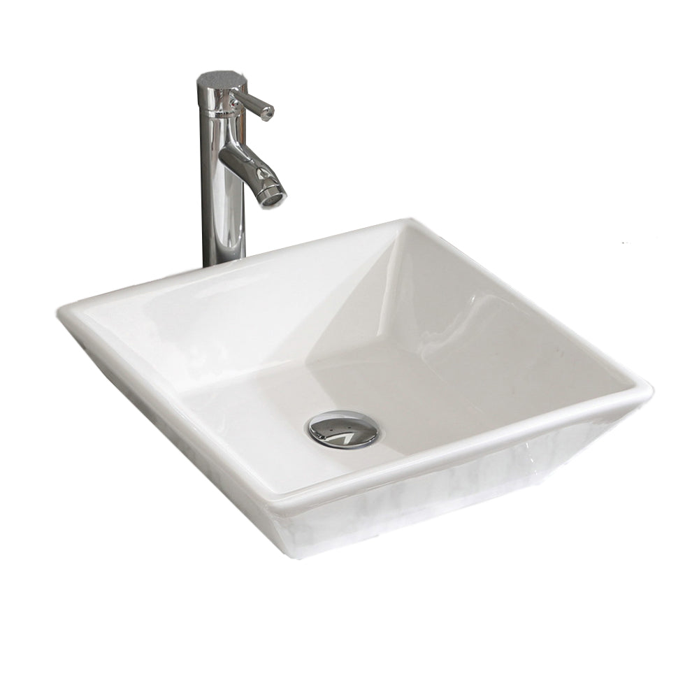 16.5" Square White Porcelain Vessel Sink with Faucet, Stainless Steel Pop-up Drain