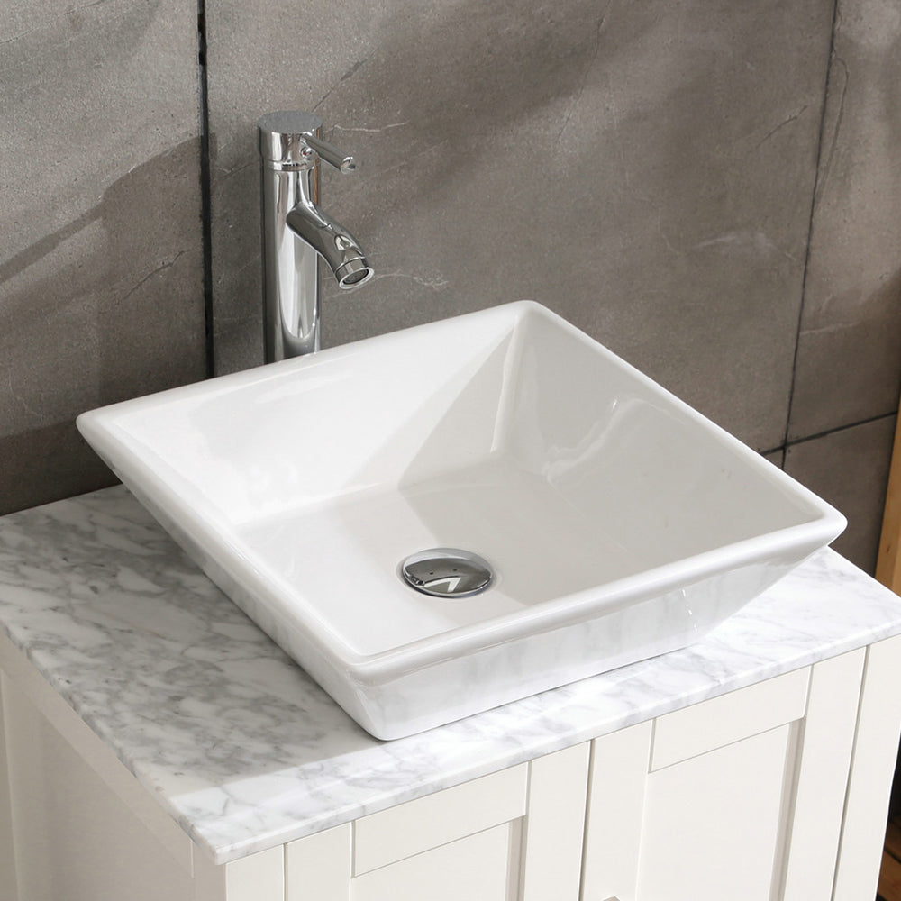 16.5" Square White Porcelain Vessel Sink with Faucet, Stainless Steel Pop-up Drain