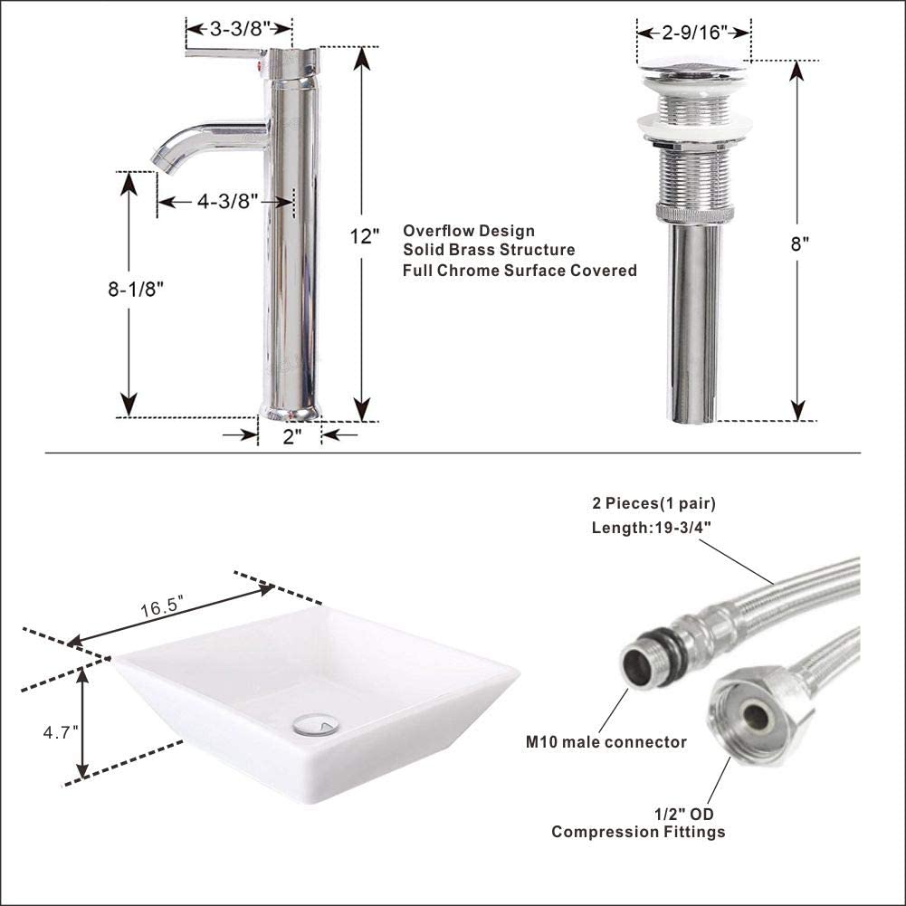 16.5" Square White Porcelain Vessel Sink with Faucet, Stainless Steel Pop-up Drain