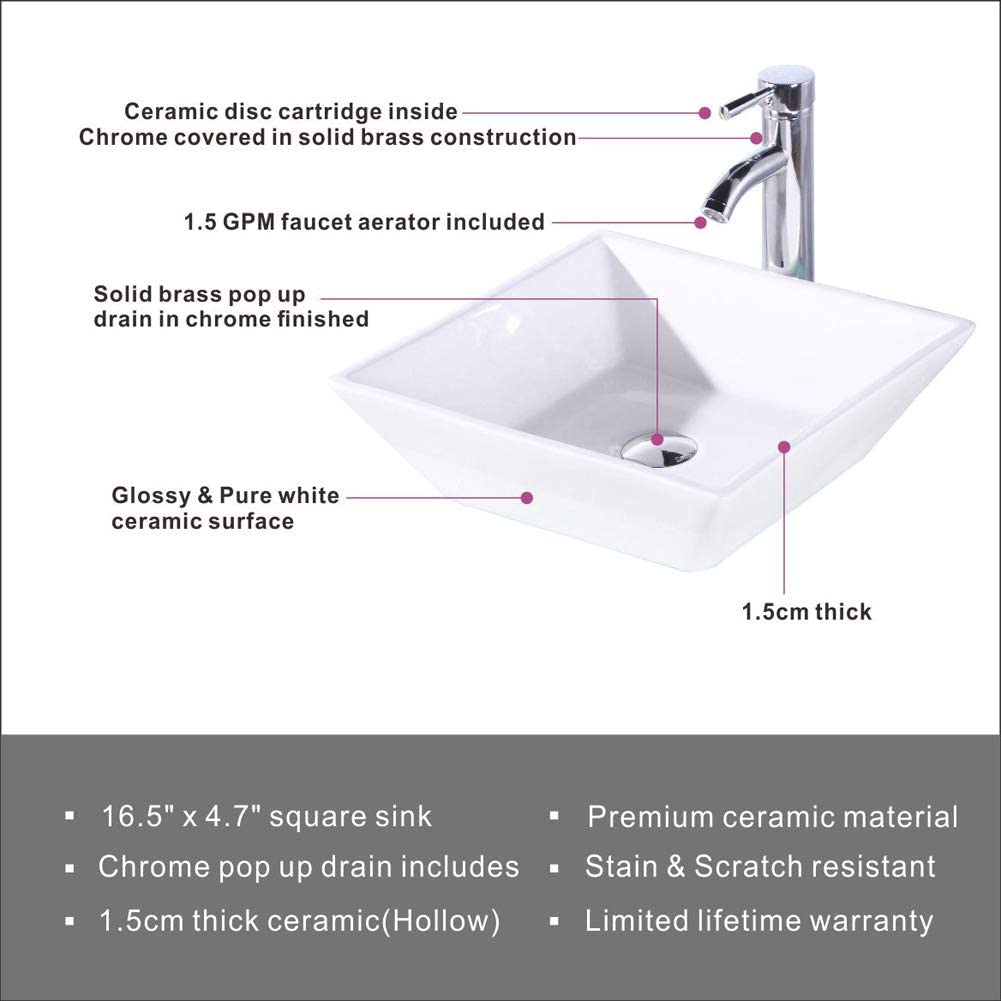 16.5" Square White Porcelain Vessel Sink with Faucet, Stainless Steel Pop-up Drain