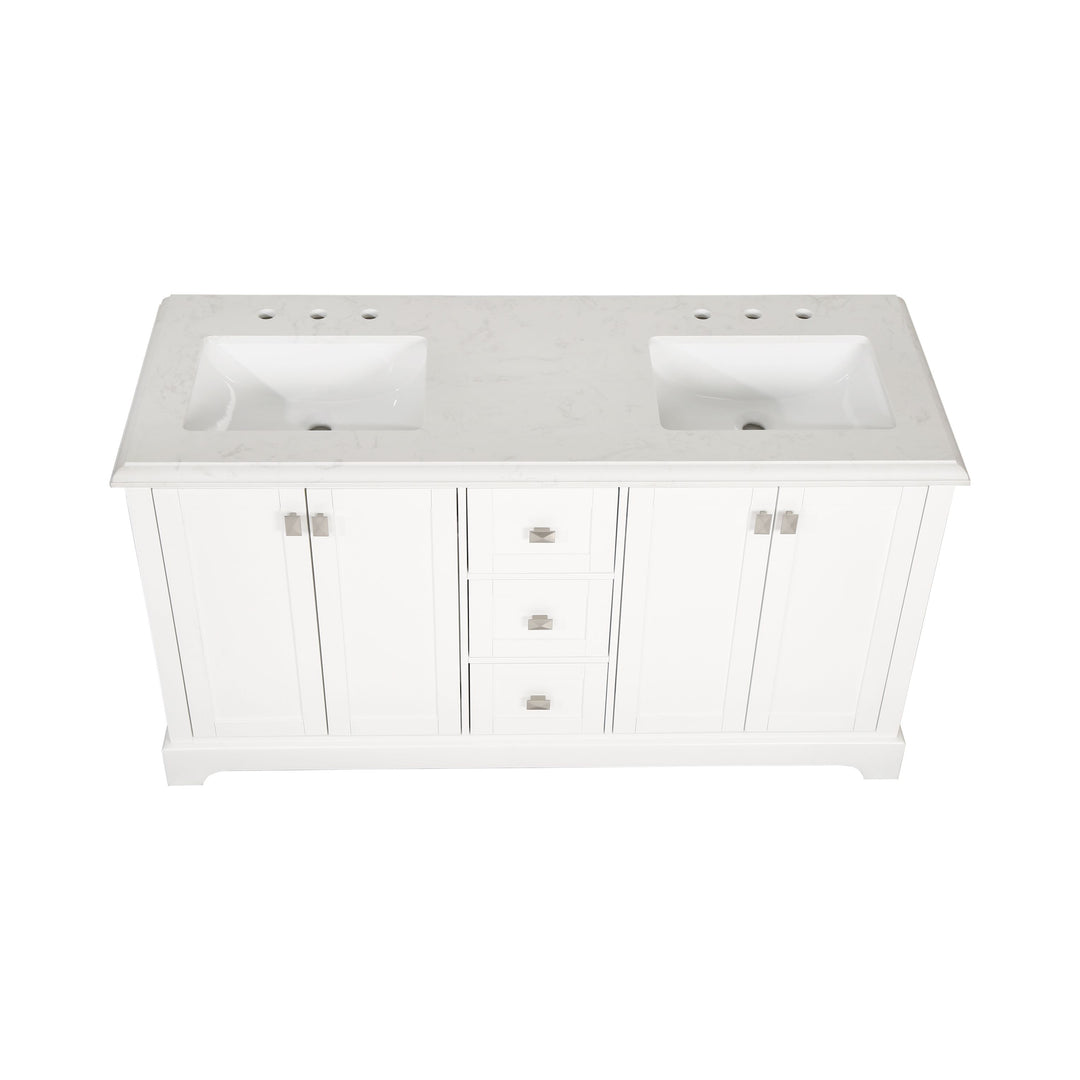 60" Undermount Double Sinks Freestanding Bathroom Vanity with White Top in White