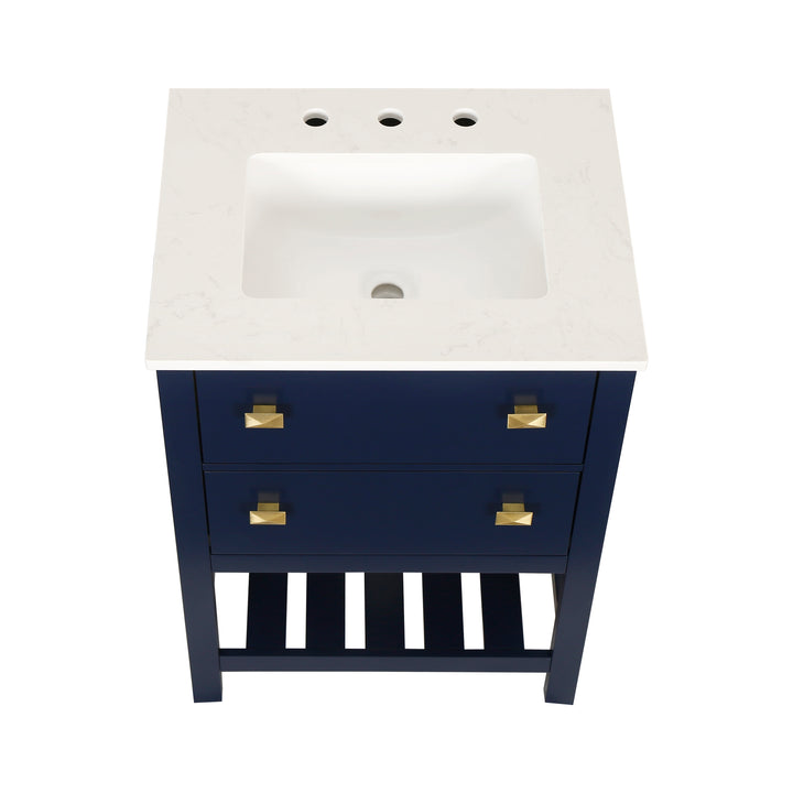 24" Undermount Single Sink Freestanding Bathroom Vanity with White Top in Navy Blue