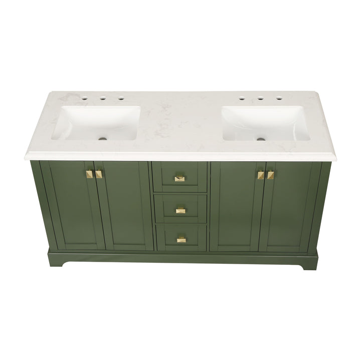 60" Undermount Double Sinks Freestanding Bathroom Vanity with White Top in Venetian Green