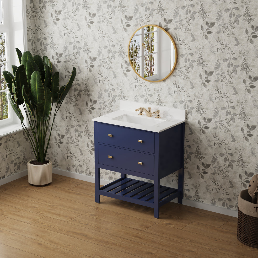 30" Undermount Single Sink Freestanding Bathroom Vanity with White Top in Navy Blue
