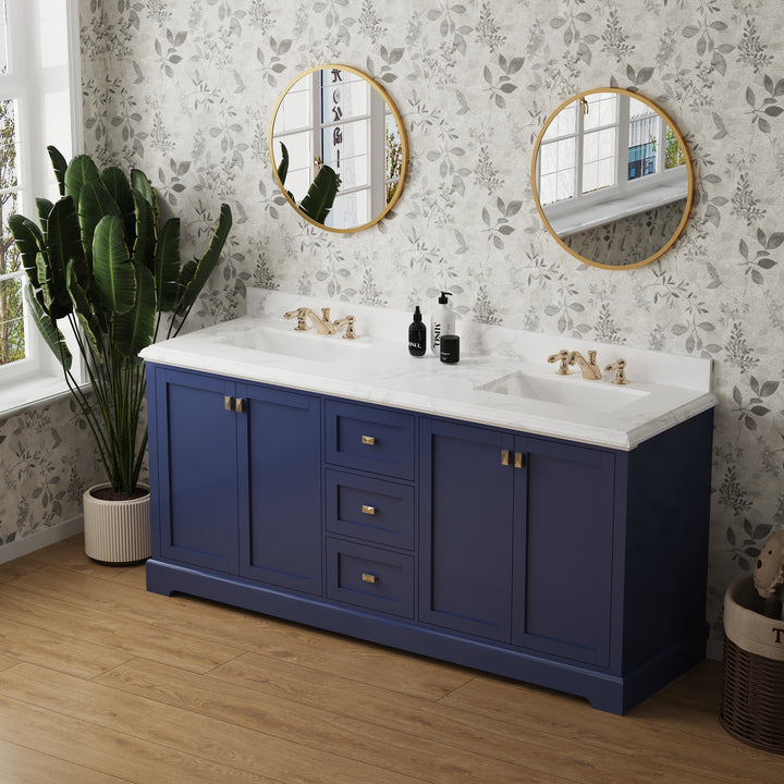 72" Undermount Double Sinks Freestanding Bathroom Vanity with White Top in Navy Blue