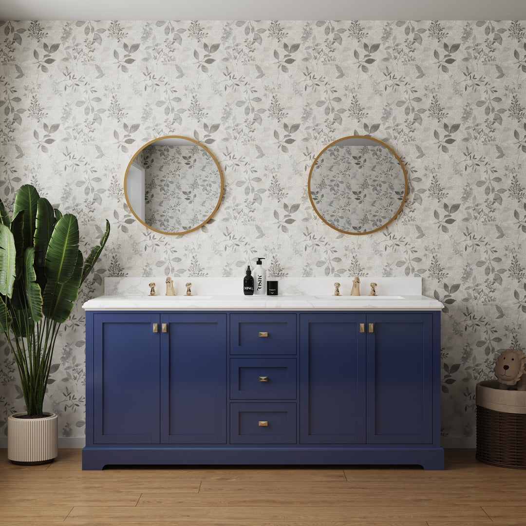 72" Undermount Double Sinks Freestanding Bathroom Vanity with White Top in Navy Blue