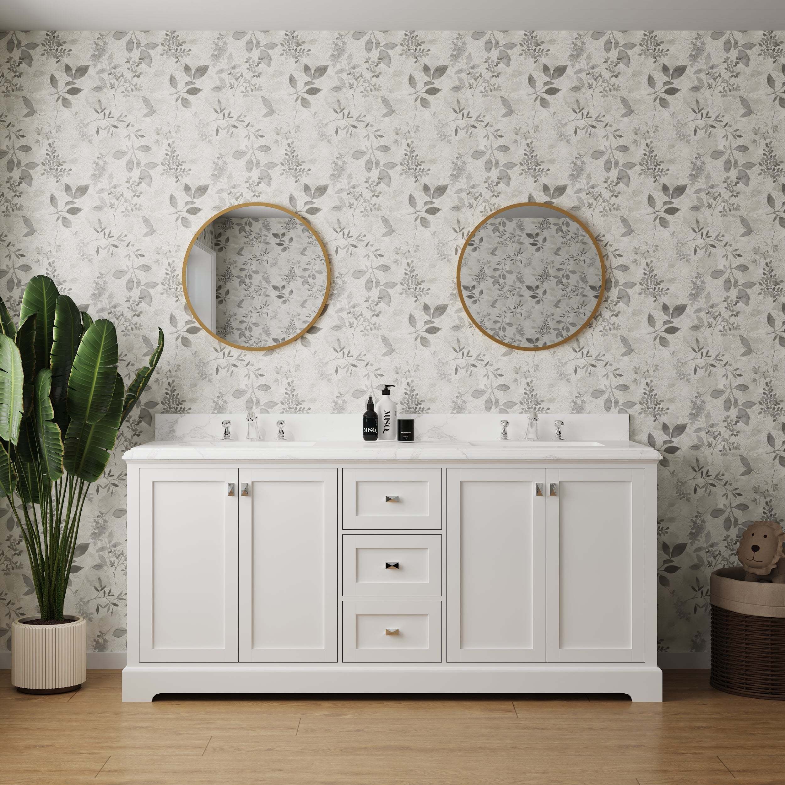 72" Undermount Double Sinks Freestanding Bathroom Vanity with White Top in White
