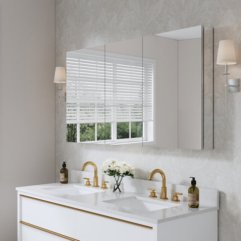 56 in. ×30 in. Copper-Free Tri-Views Mirror Bathroom Medicine Cabinet with Adjustable Shelves and 3 Doors