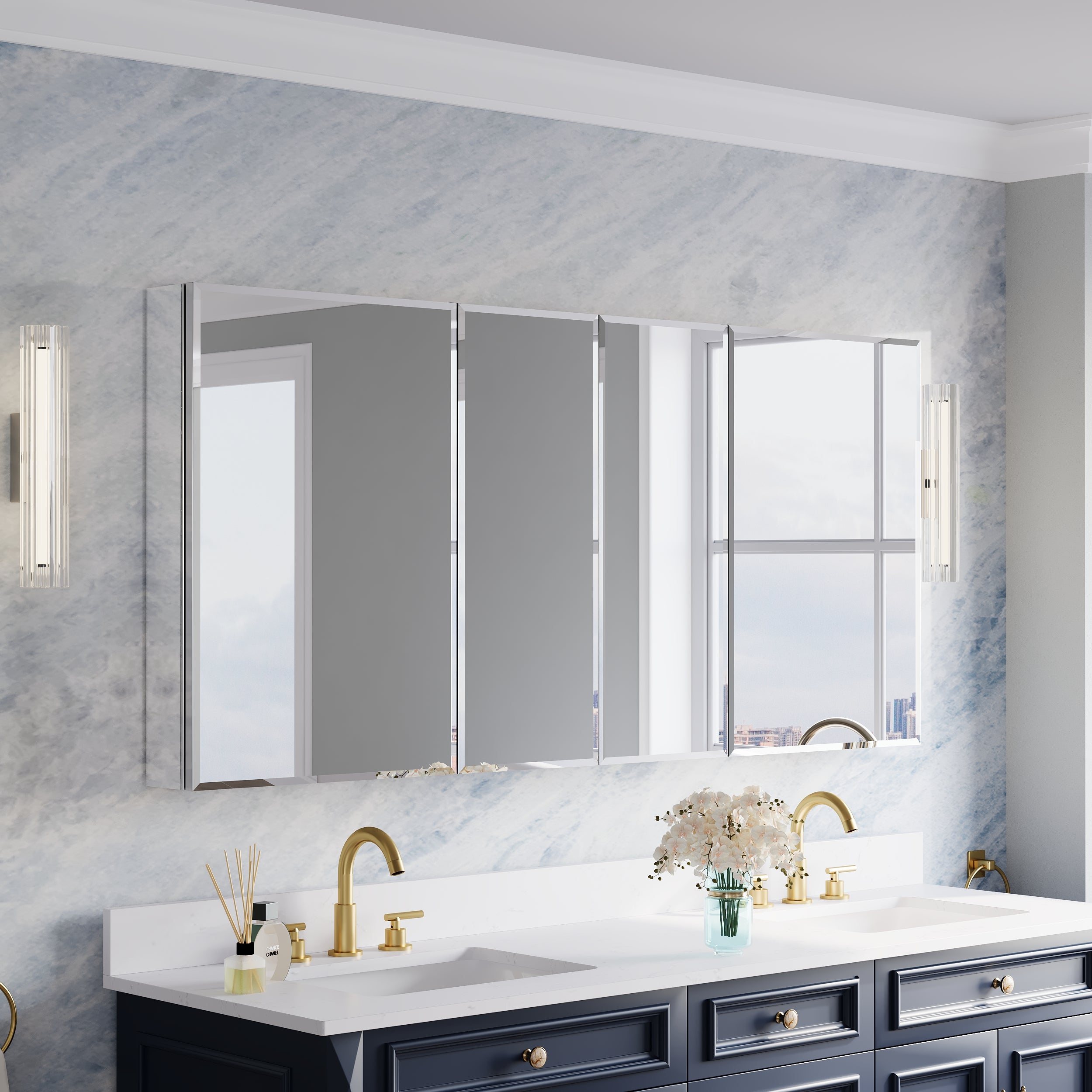 64 in.×30 in.H Copper-Free Mirror Medicine Cabinet with Beveled Mirror Door, Recessed or Surface Mount, Adjustable Shelves