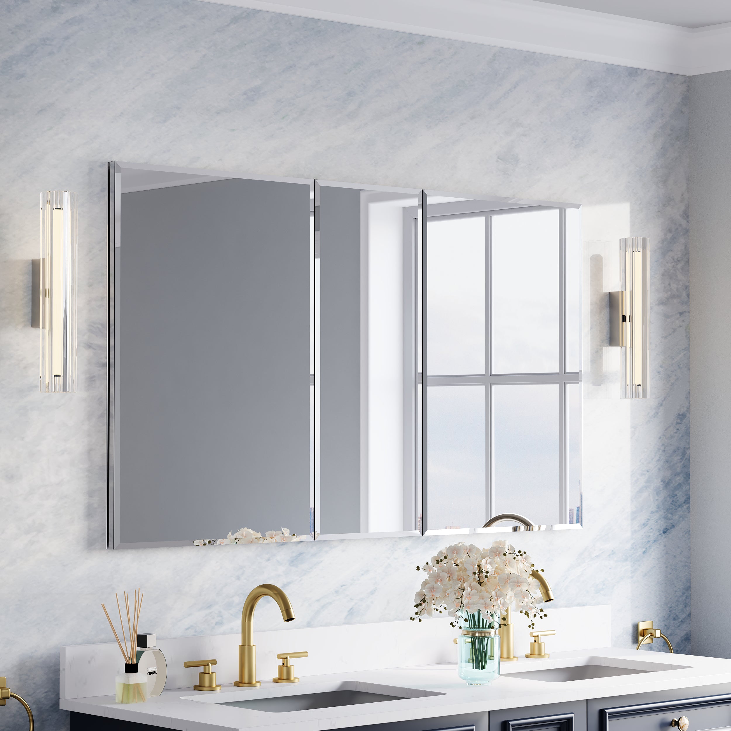 52 in.×30 in.H Copper-Free Mirror Medicine Cabinet with Beveled Mirror Door, Recessed or Surface Mount, Adjustable Shelves