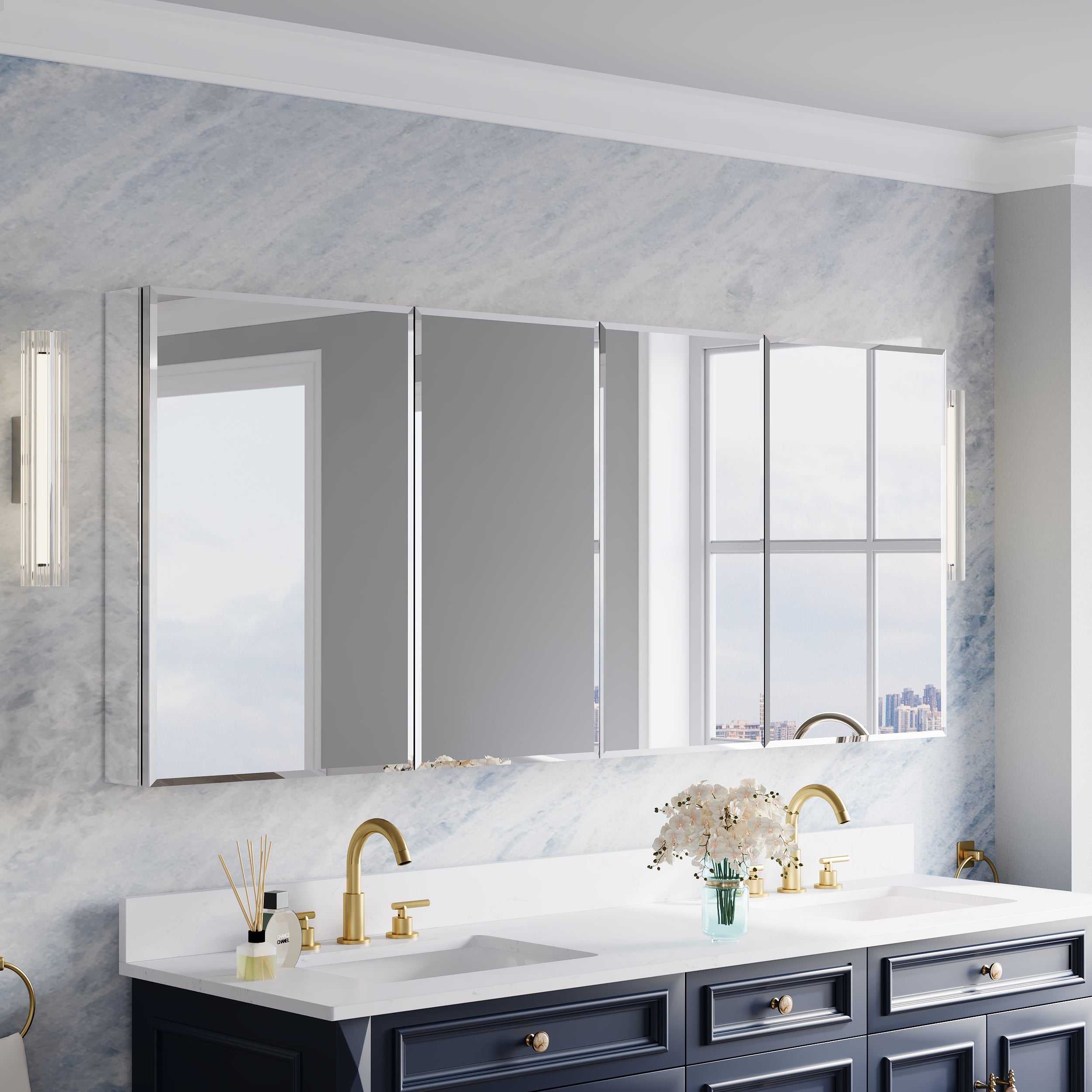 72 in.×30 in.H Aluminum Copper-Free Mirror Medicine Cabinet with Beveled Mirror Door, Recessed or Surface Mount, Adjustable Shelves