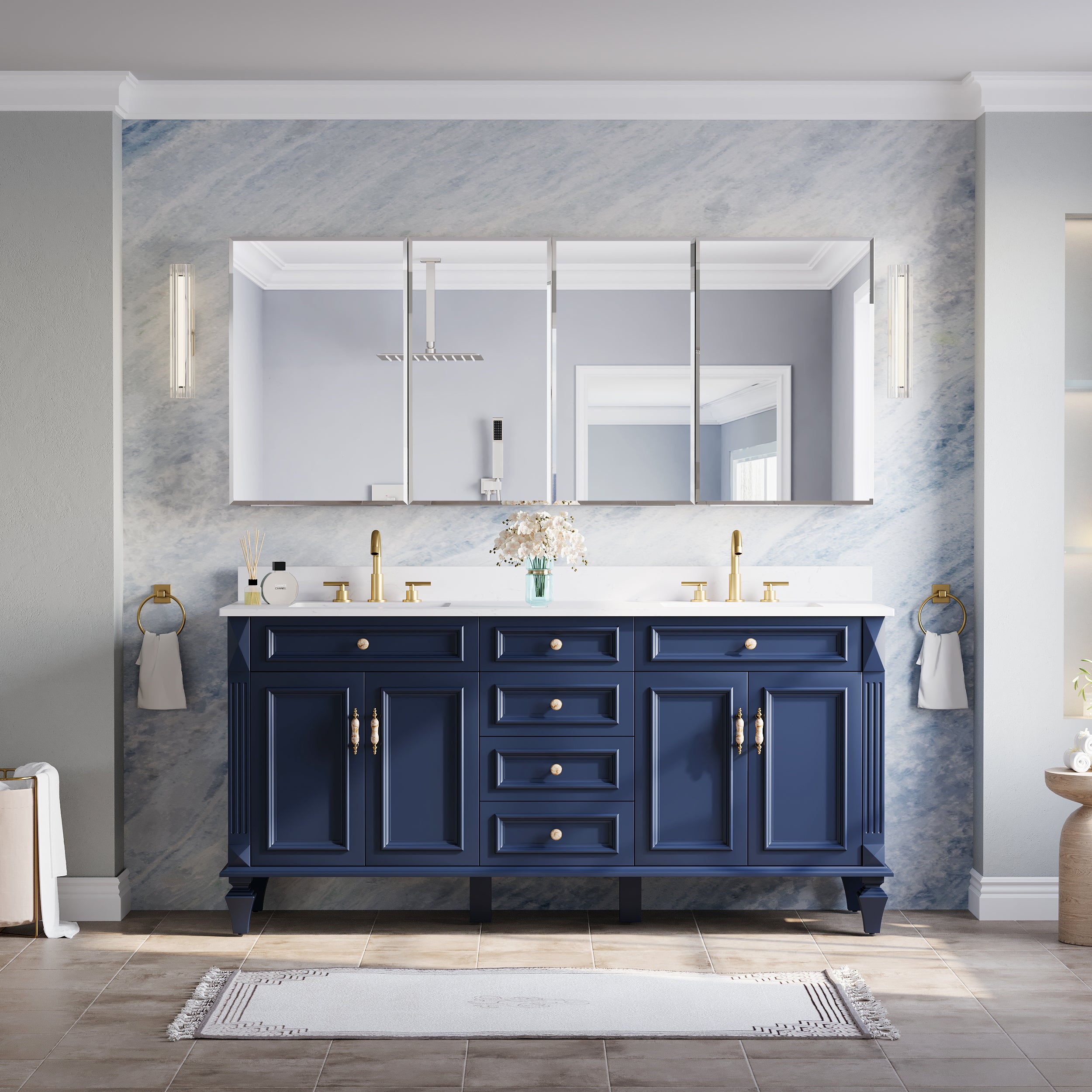 72 in.×30 in.H Aluminum Copper-Free Mirror Medicine Cabinet with Beveled Mirror Door, Recessed or Surface Mount, Adjustable Shelves