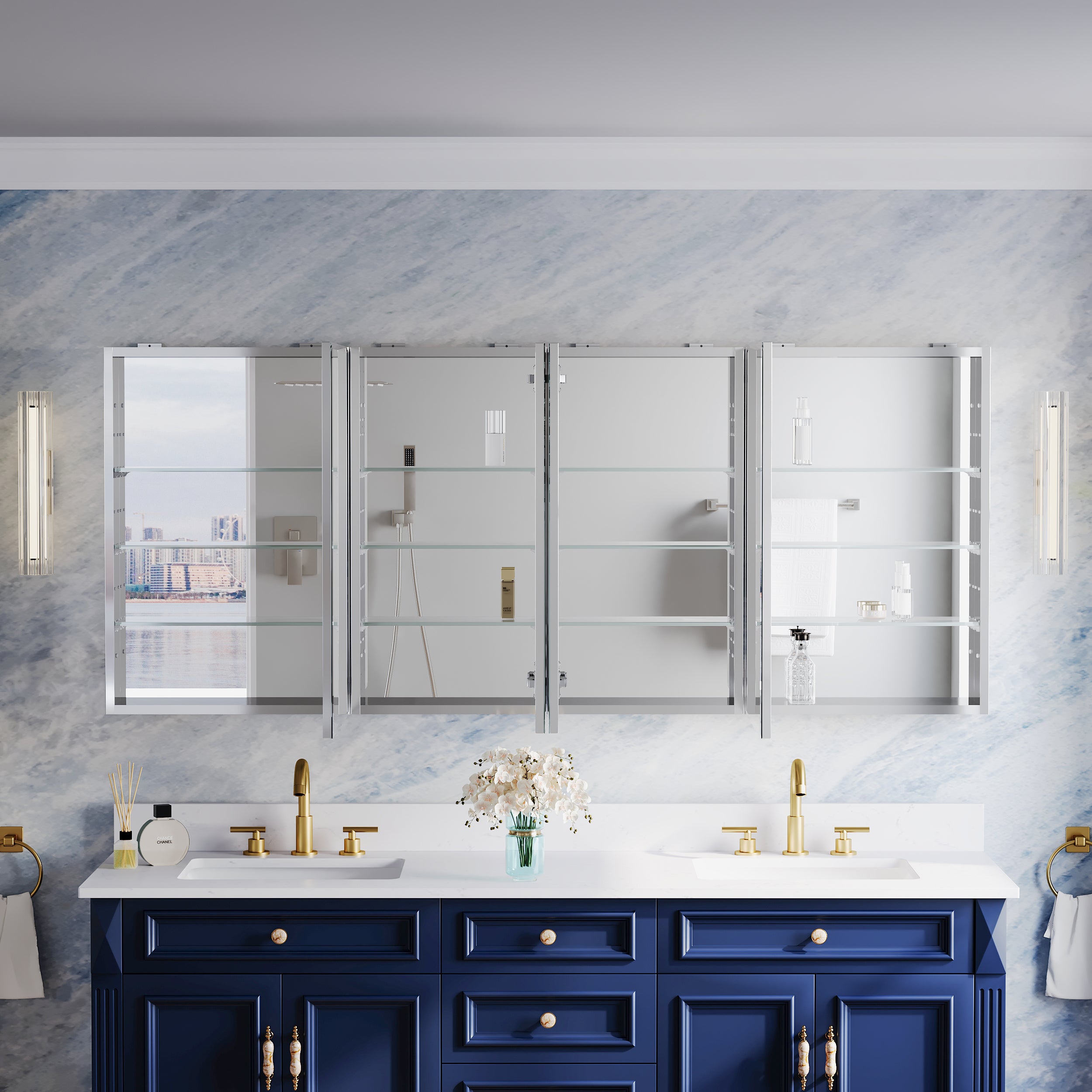 72 in.×30 in.H Aluminum Copper-Free Mirror Medicine Cabinet with Beveled Mirror Door, Recessed or Surface Mount, Adjustable Shelves