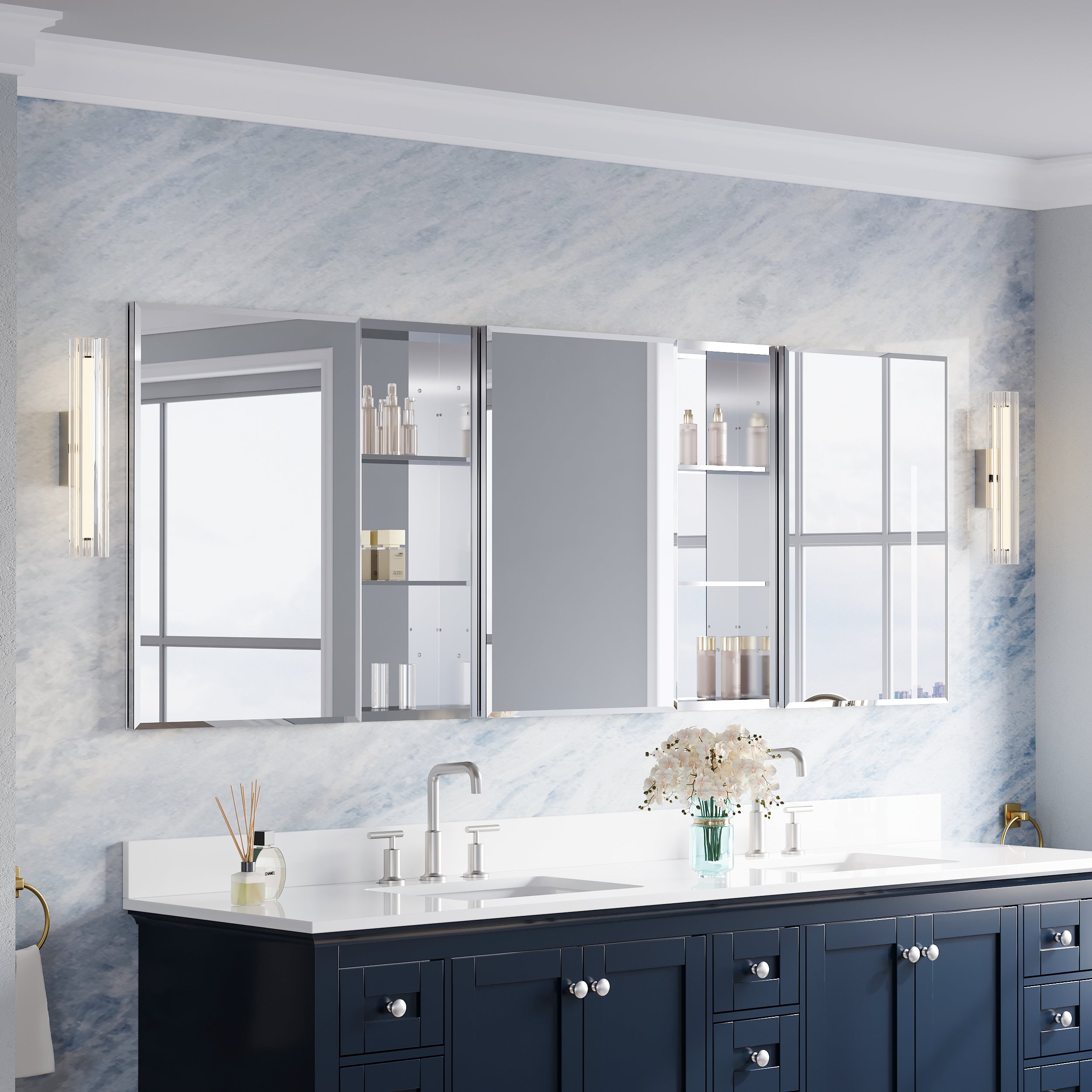 84 in.×30 in.H Aluminum Copper-Free Mirror Medicine Cabinet with Beveled Mirror Door and Open Shelf Storage Set