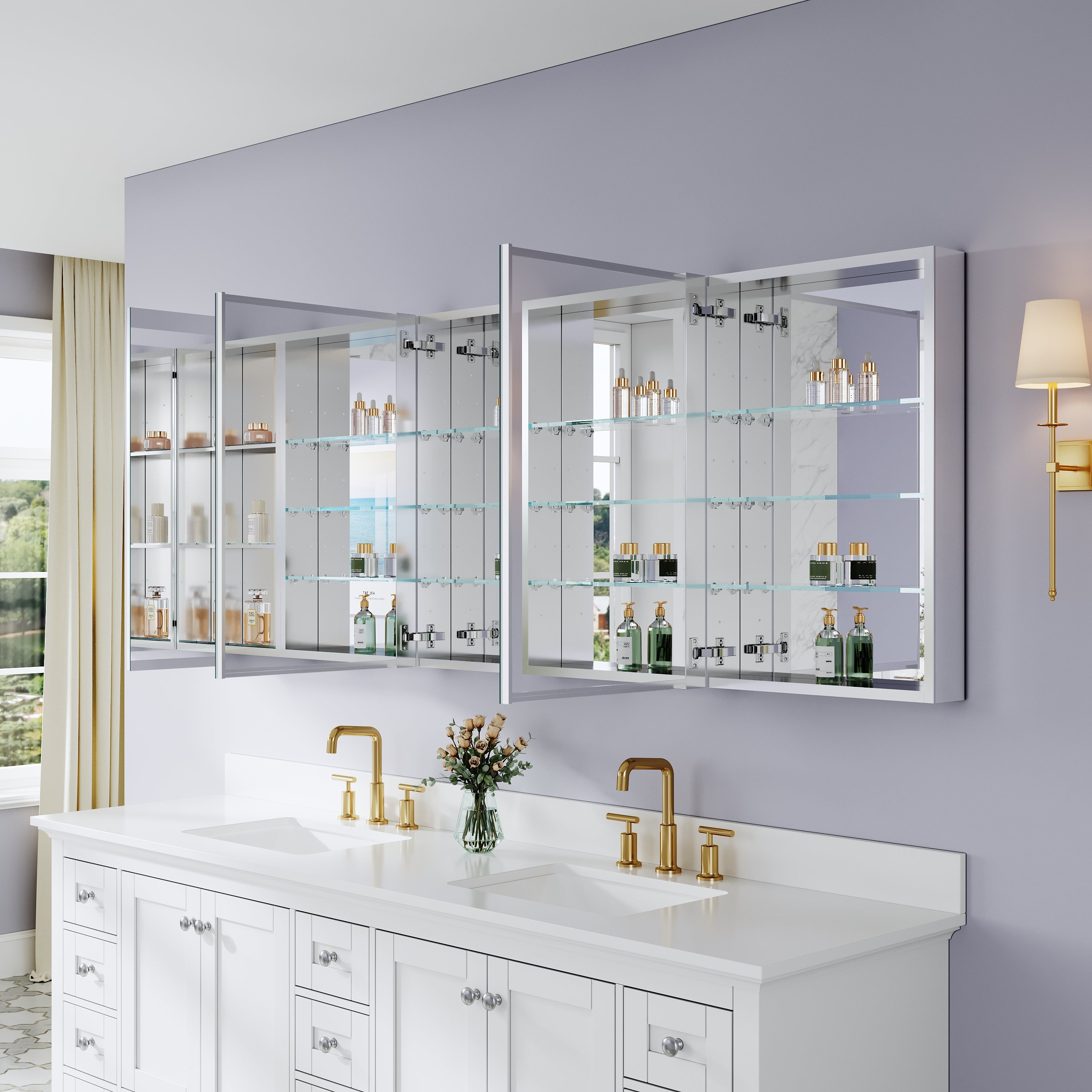 84 in. ×30 in. Bathroom Medicine Cabinet Set with Copper-Free Tri-View Mirror and Open Side Cabinet, Recessed or Surface Mount