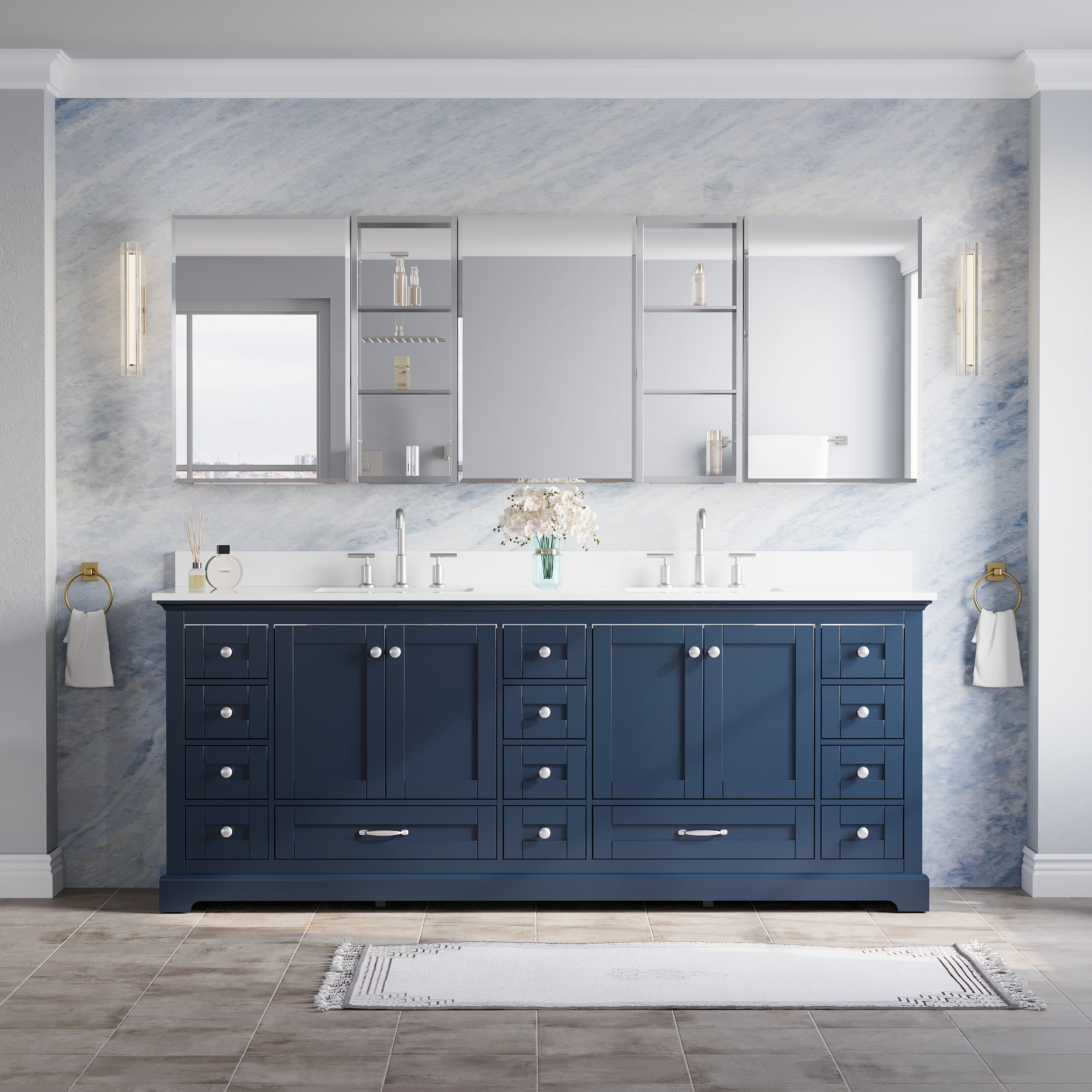 84 in.×30 in.H Aluminum Copper-Free Mirror Medicine Cabinet with Beveled Mirror Door and Open Shelf Storage Set