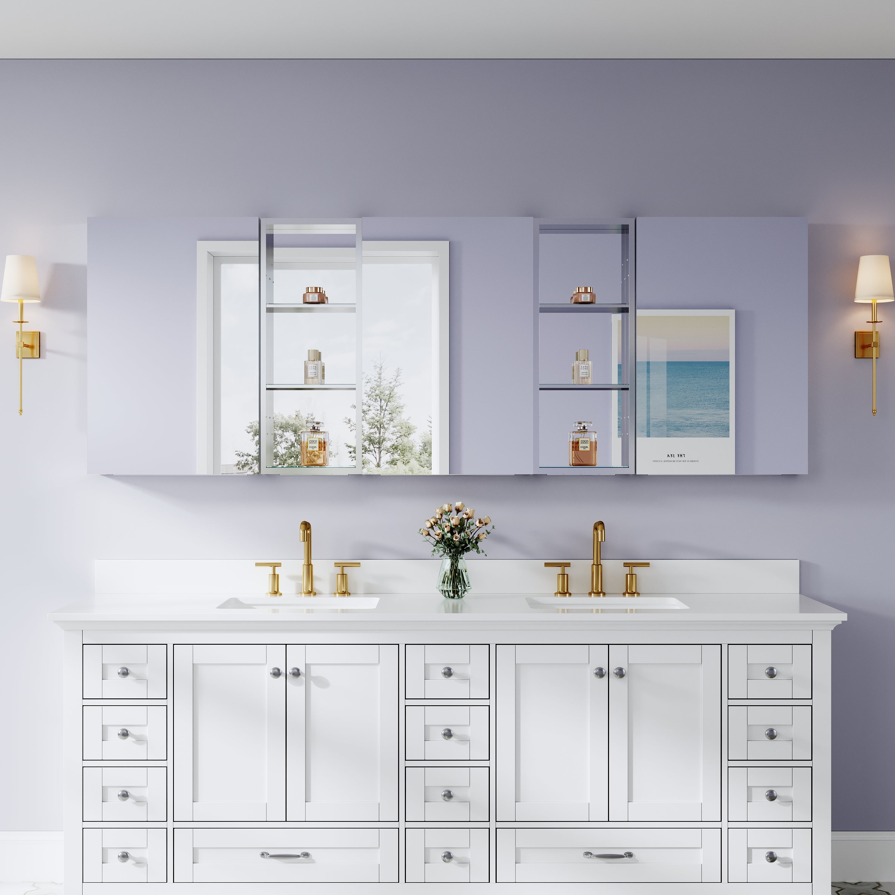 84 in. ×30 in. Bathroom Medicine Cabinet Set with Copper-Free Tri-View Mirror and Open Side Cabinet, Recessed or Surface Mount