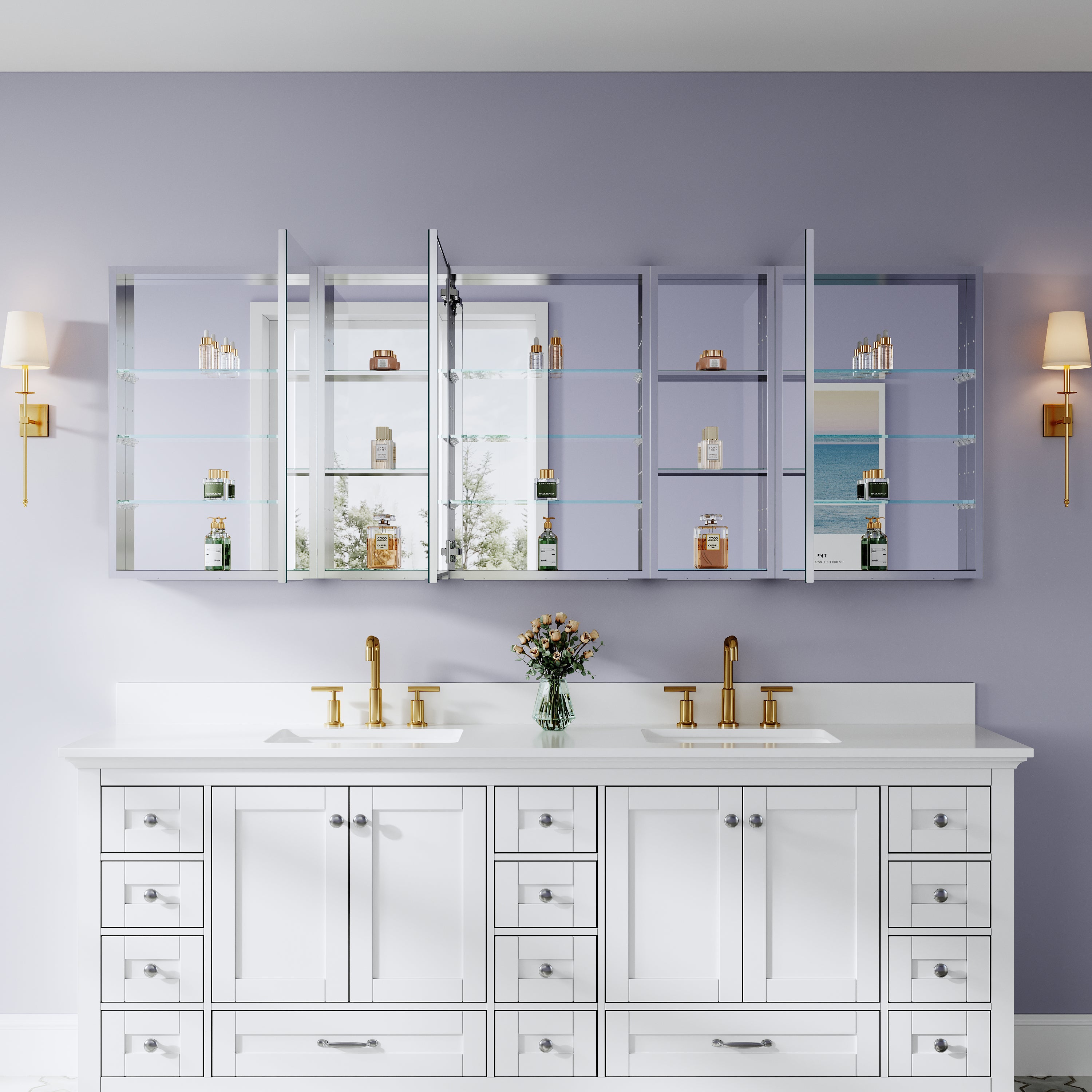 84 in. ×30 in. Bathroom Medicine Cabinet Set with Copper-Free Tri-View Mirror and Open Side Cabinet, Recessed or Surface Mount