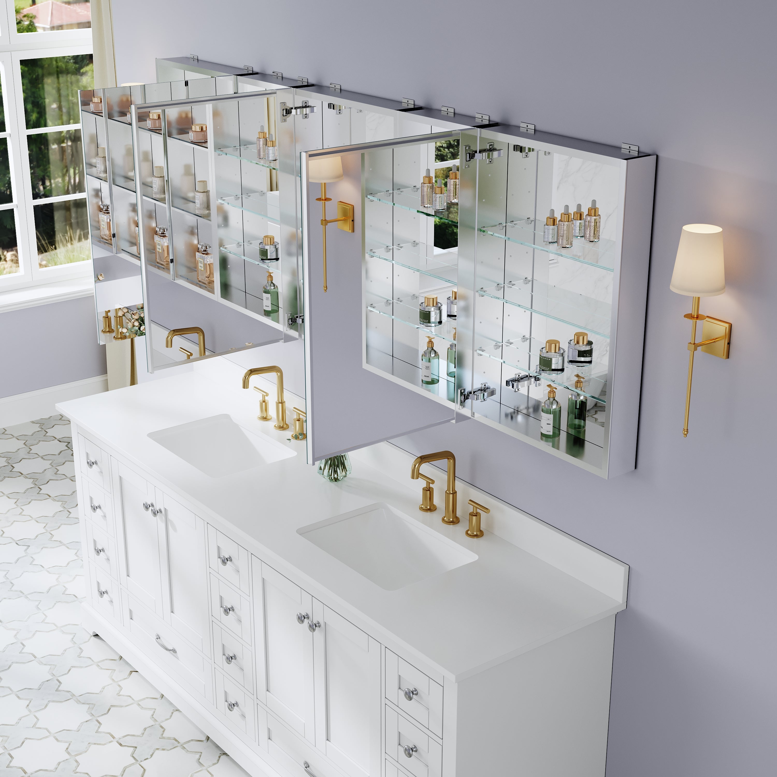 84 in. ×30 in. Bathroom Medicine Cabinet Set with Copper-Free Tri-View Mirror and Open Side Cabinet, Recessed or Surface Mount