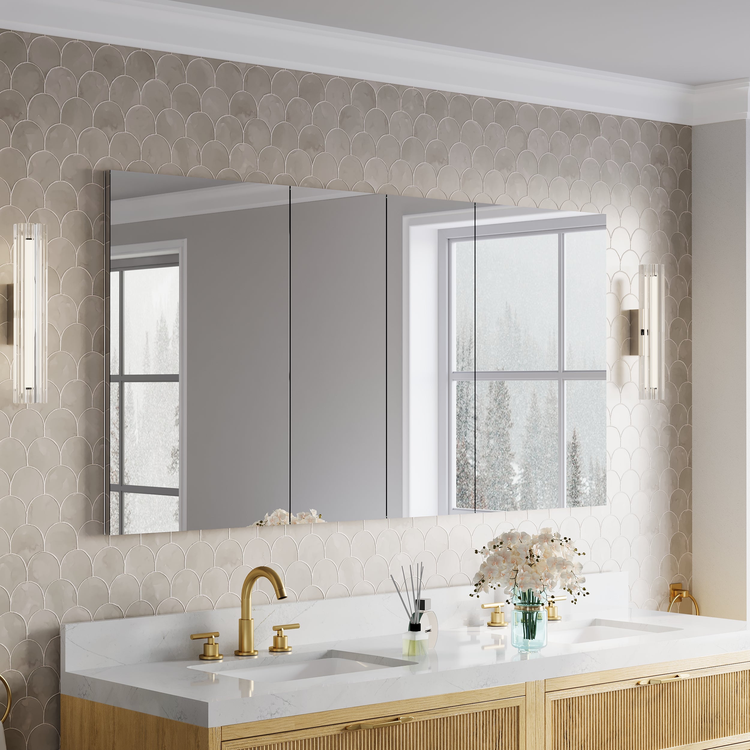 64 in.×32 in.H Copper-Free Mirror Medicine Cabinet with Soft-Close Blum® Hinges and 4 Doors