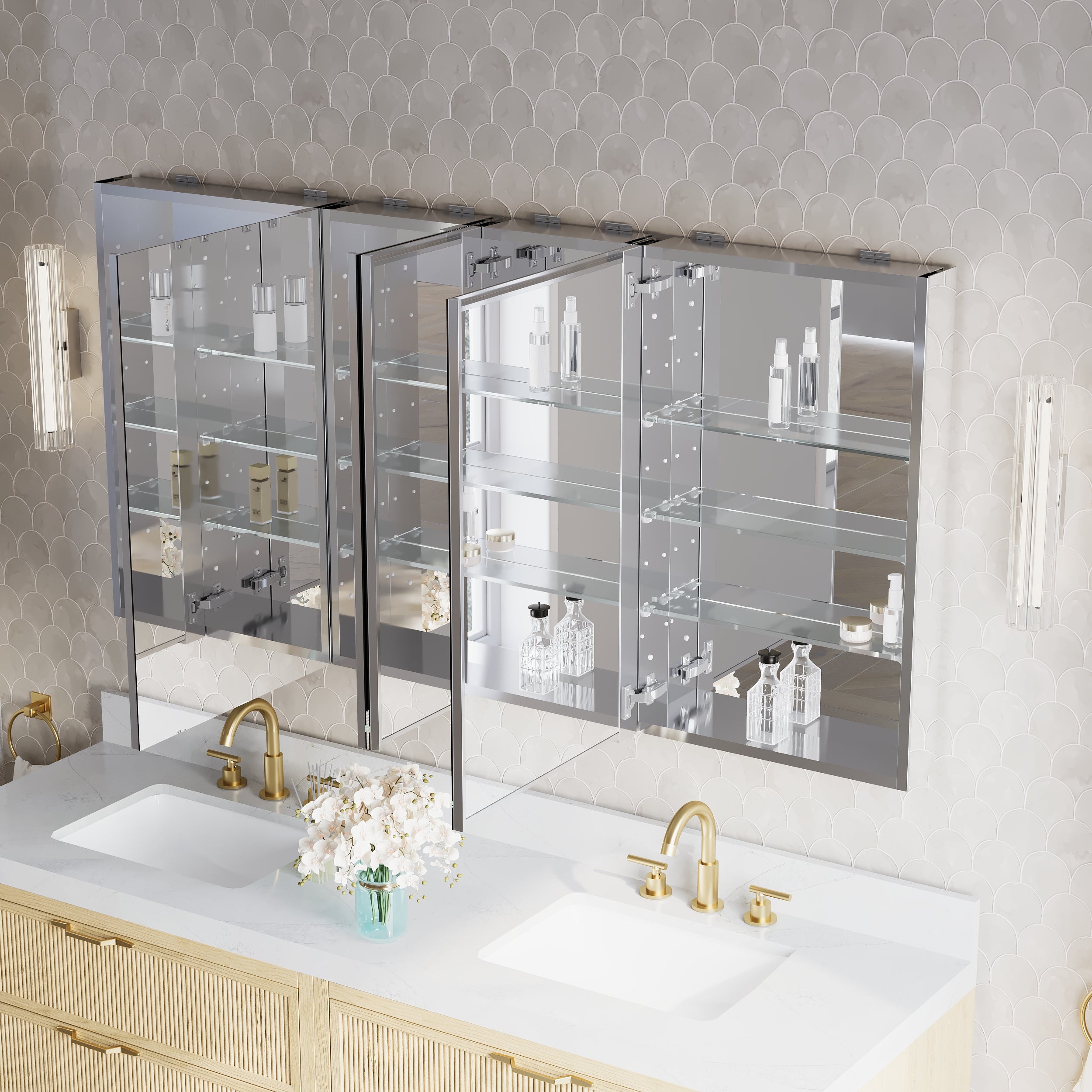 64 in.×32 in.H Copper-Free Mirror Medicine Cabinet with Soft-Close Blum® Hinges and 4 Doors