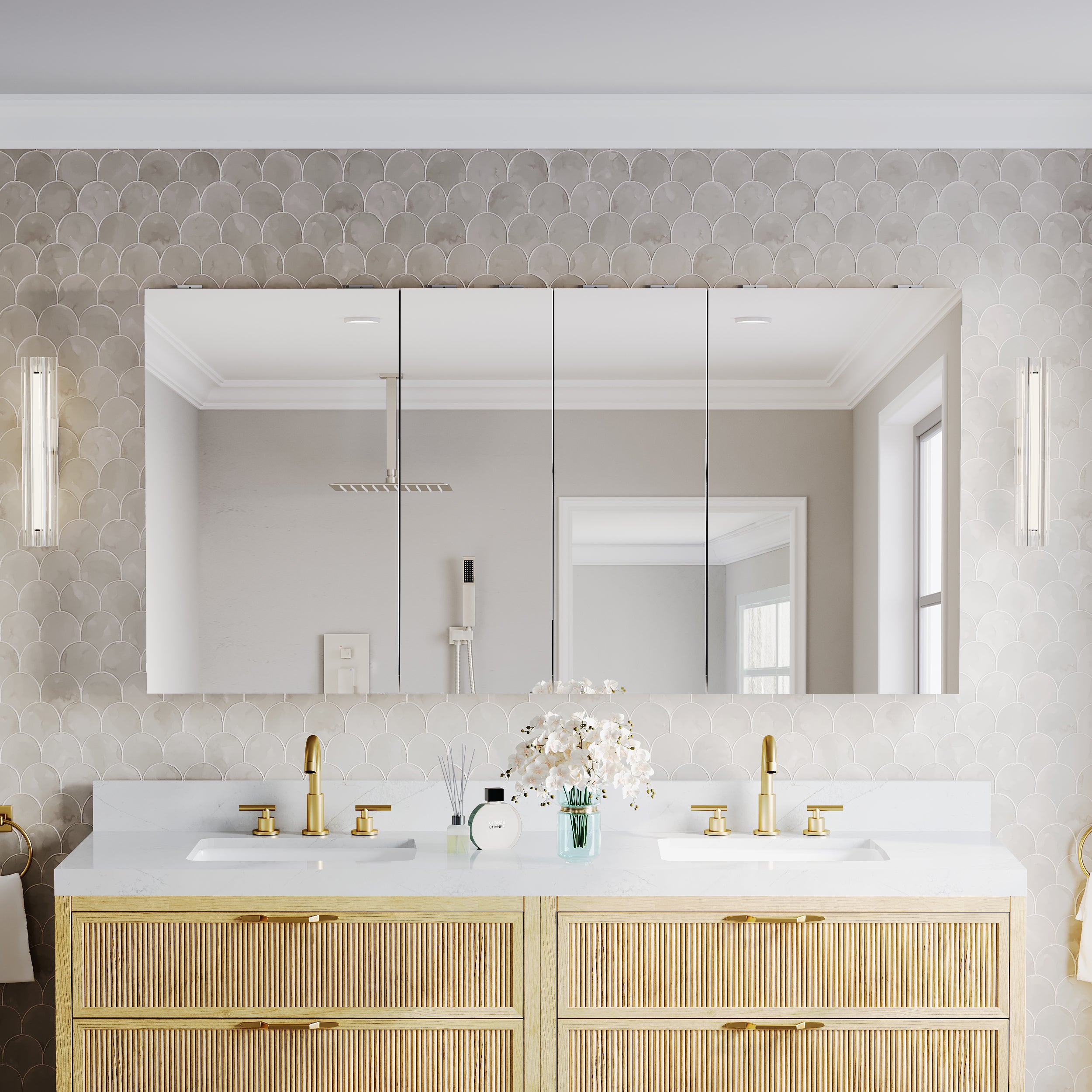 64 in.×32 in.H Copper-Free Mirror Medicine Cabinet with Soft-Close Blum® Hinges and 4 Doors